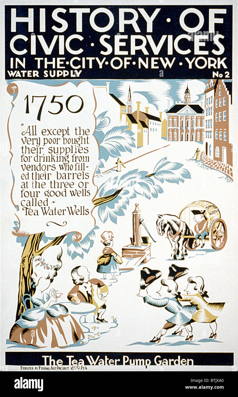 La città di New York. Il tè-pompa acqua giardino. Poster per il progetto federale di arte, mostrando i cittadini socializzare intorno a pompa acqua nel nuovo Foto Stock