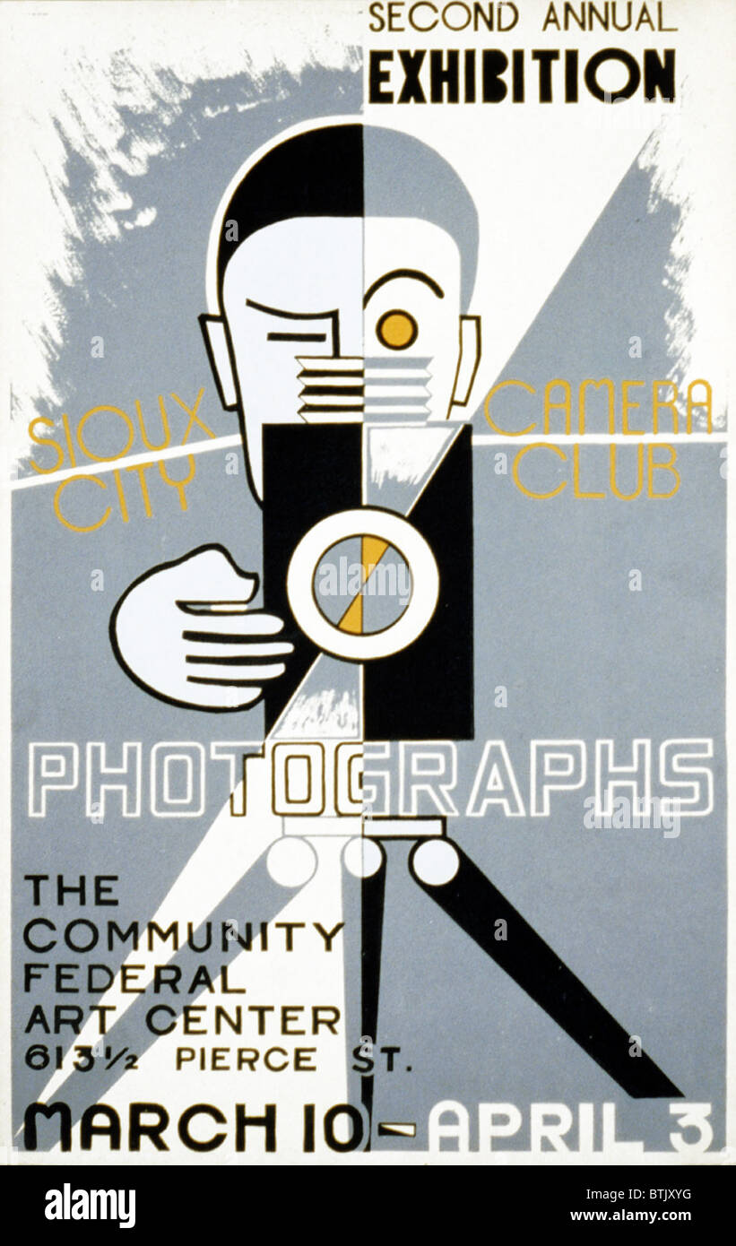 Poster per la città di Sioux fotocamera Club la seconda esposizione annuale di fotografie presso la comunità federale Centro Arte, Sioux City, Iowa, progetto federale di arte, 1936-1939. Foto Stock
