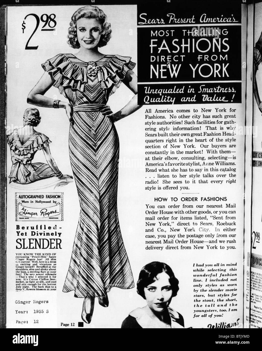 Una pagina da un 1935 Sears Roebuck catalogo offre un 'firmato Fashion: indossato in Hollywood da Ginger Rogers' vestito per la vendita, Foto Stock