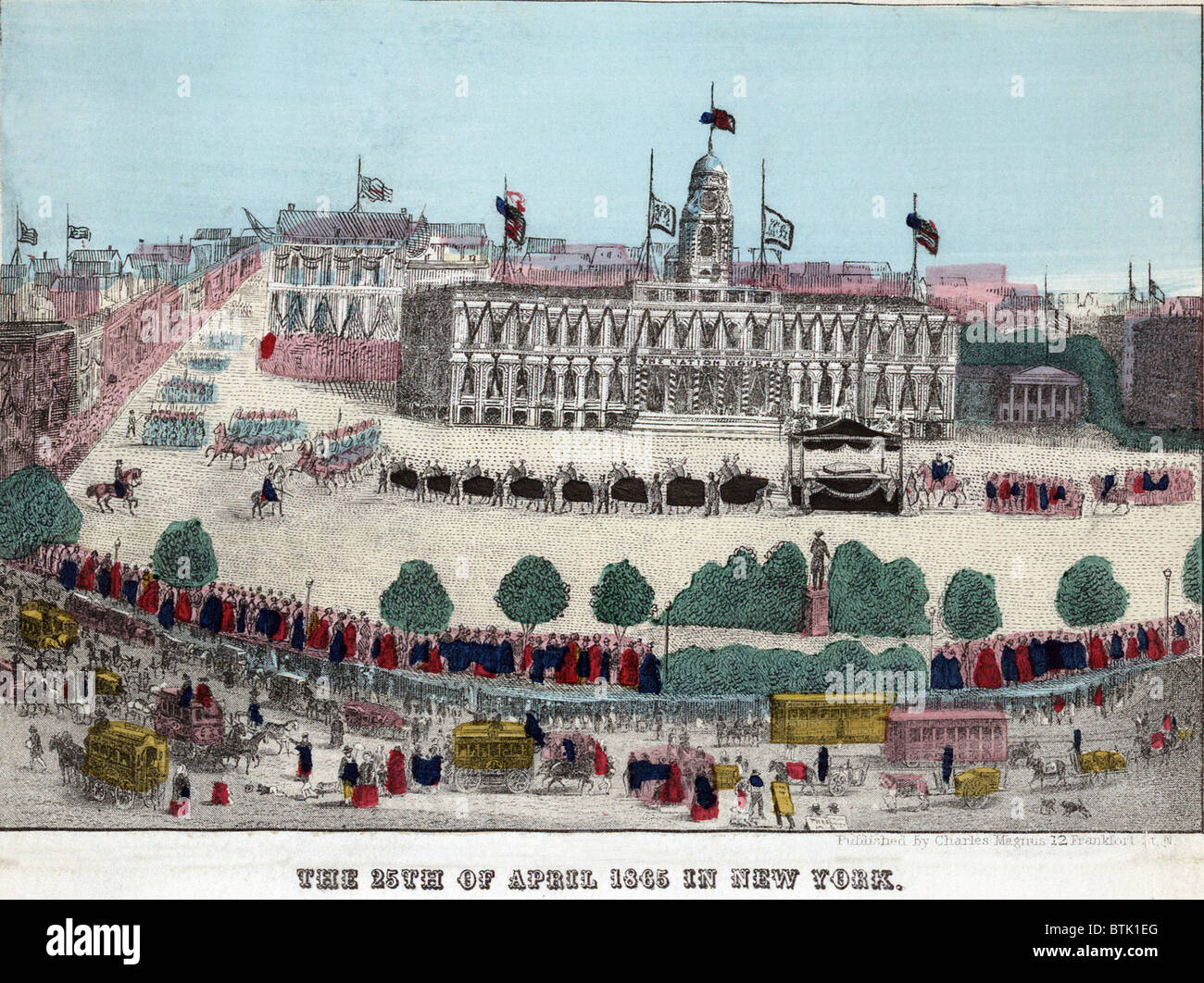 Abraham Lincoln il funerale di auto e processione nella parte anteriore del Municipio su Aprile 25th, 1865. New York la processione era la più splendida delle dieci città onorato con un pubblico il corteo funebre e la visualizzazione del Lincoln's rimane oltre venti giorni prima della sua sepoltura a Springfield il 4 maggio 1865. Foto Stock