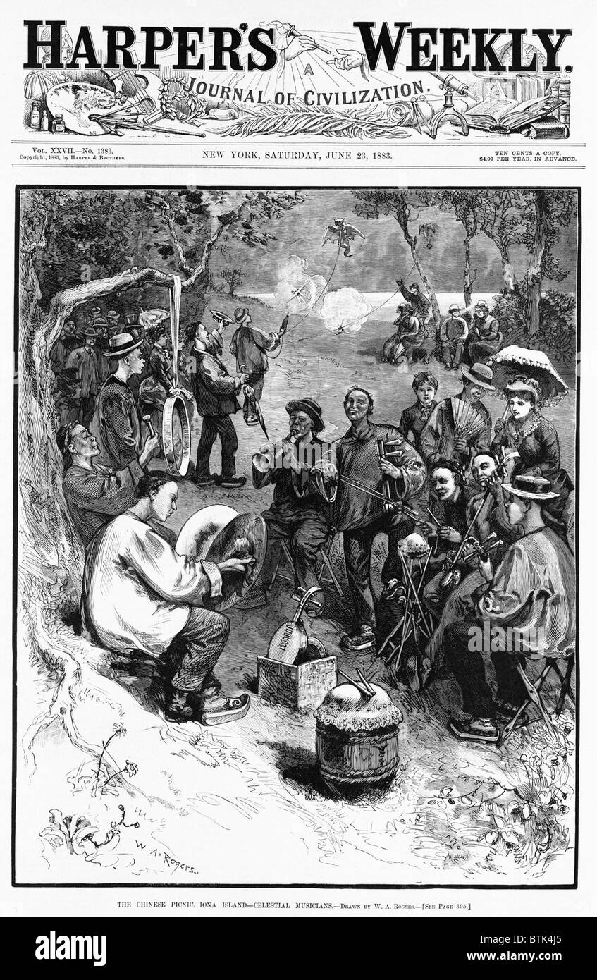 Gli immigrati cinesi, indossando il loro abbigliamento nativo, eseguire con strumenti tradizionali a Iona isola nella Hudson Valley a nord di New York City. 1883. Foto Stock