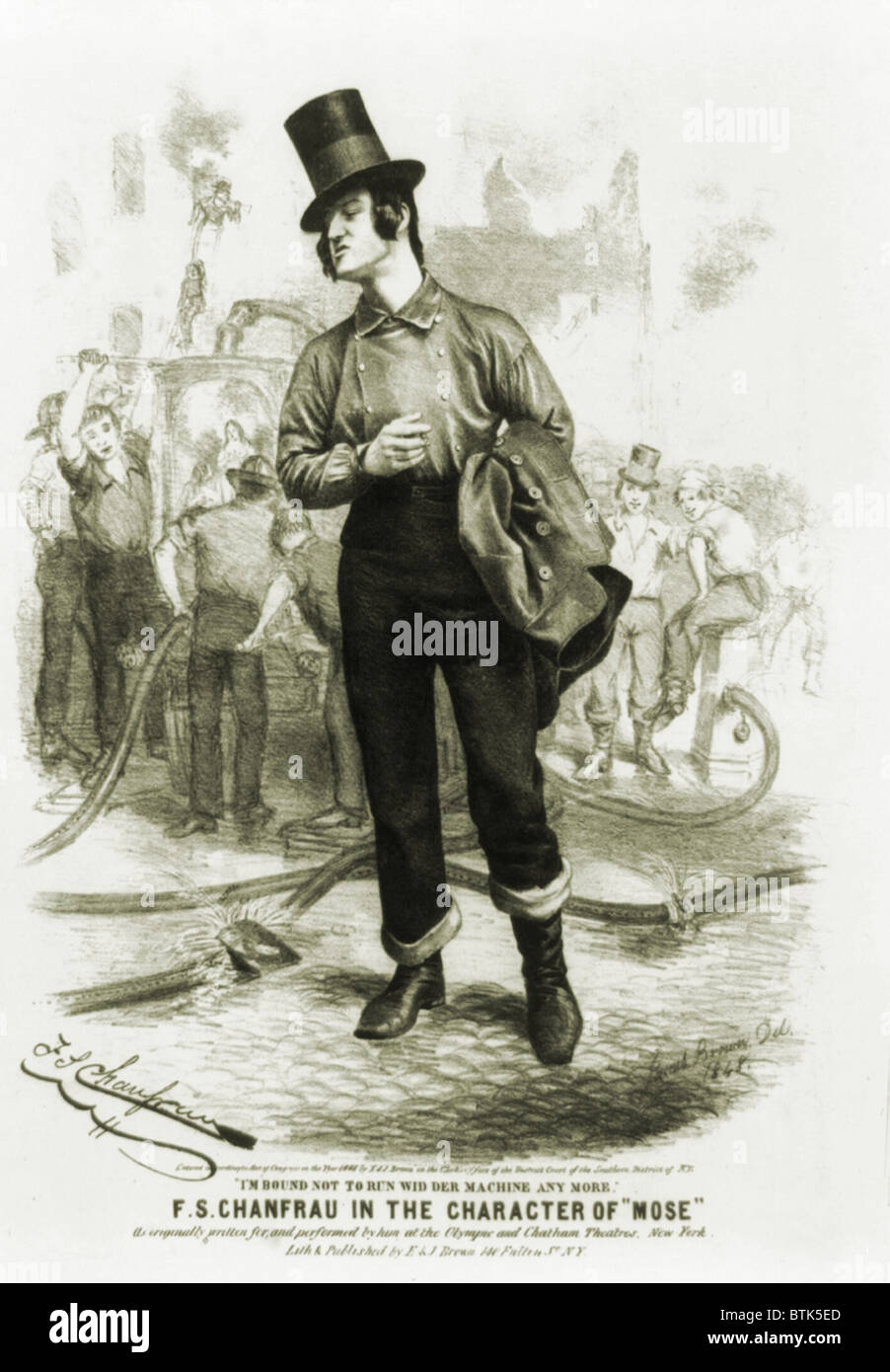 Stazione F.S. Chanfrau nel carattere del Mose a New York Bowery irlandese B"hoy e vigili del fuoco volontari, mostrato lasciando un incendio di scena, con il suo mantello sopra il suo braccio, tubo da stufa hat, pantaloni infilati nelle sue scarpe e sigaro in bocca. 1848. Foto Stock