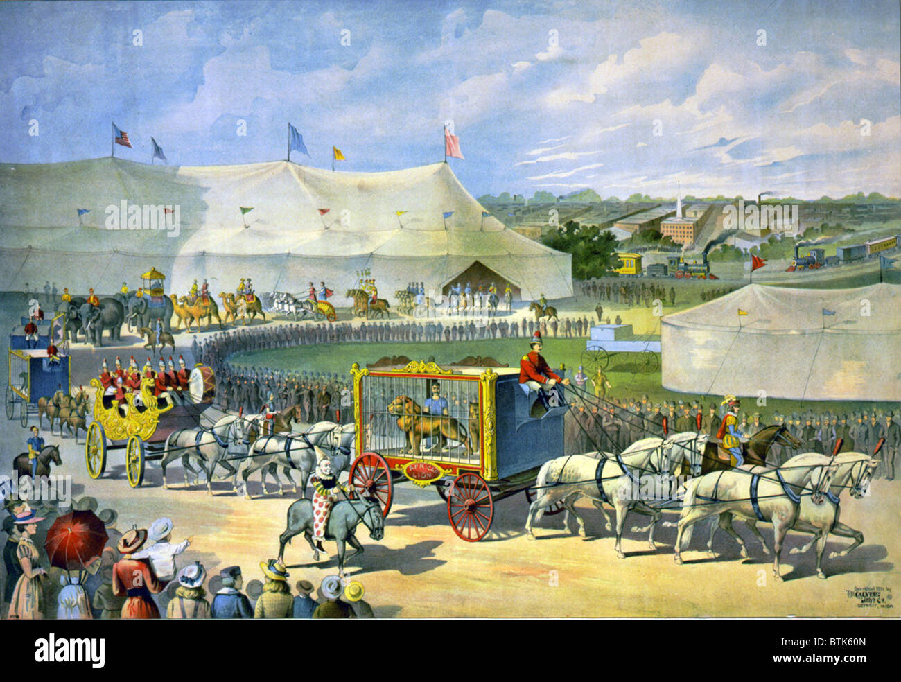 Poster di American circus parade con un leone in gabbia, clown, elefanti, carri romani, e cammelli, con tenda del circo che domina lo sfondo. 1890. Foto Stock