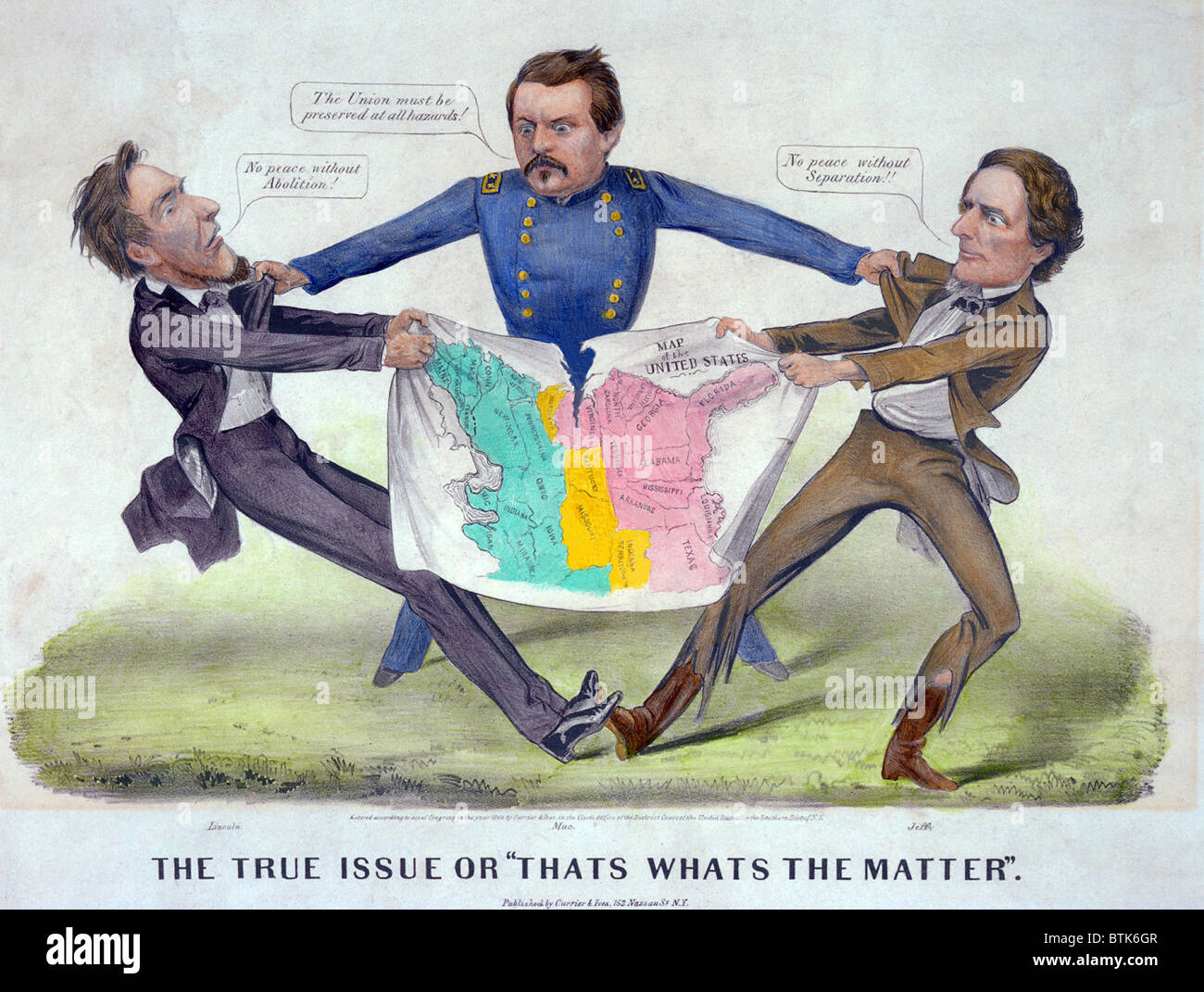 Pro-McClellan cartoon mostra Lincoln dell ex comandante generale mediando tra le posizioni estreme dei presidenti Lincoln e Jefferson Davis. Nel 1864 elezione presidenziale McClellan ha vinto il 45% del voto popolare, attraente per molti stanco della guerra europea gli elettori che hanno sostenuto il compromesso con il Sud. Foto Stock
