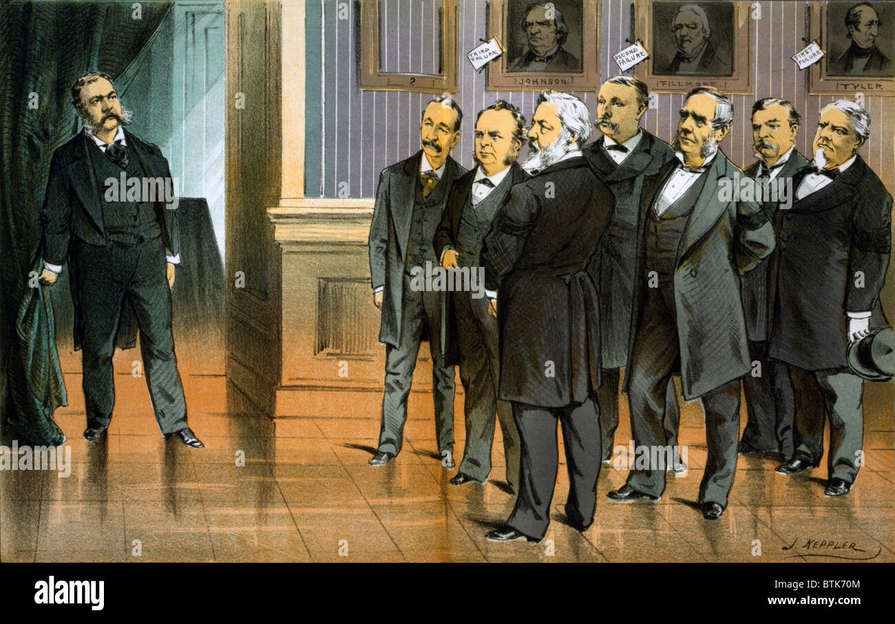 Sette uomini guardando Pesident Chester A. Arthur; ritratti dei guasti presidenziale sulla parete. Litografia a colori, 1881 Foto Stock