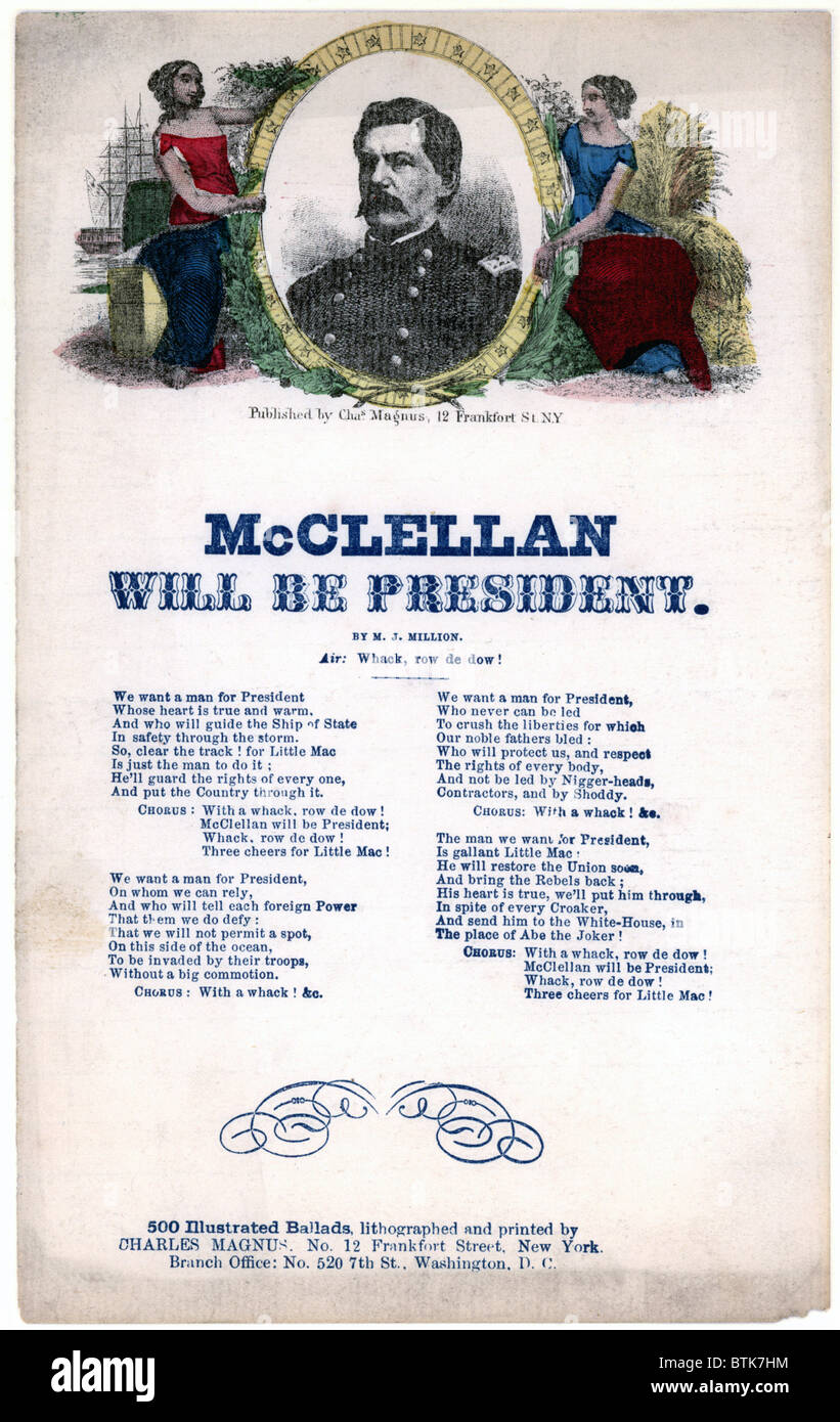 Generale George McClellan B.. 'McClellan sarà presidente', xilografia ritratto, foglio di musica ca. 1864. Foto Stock