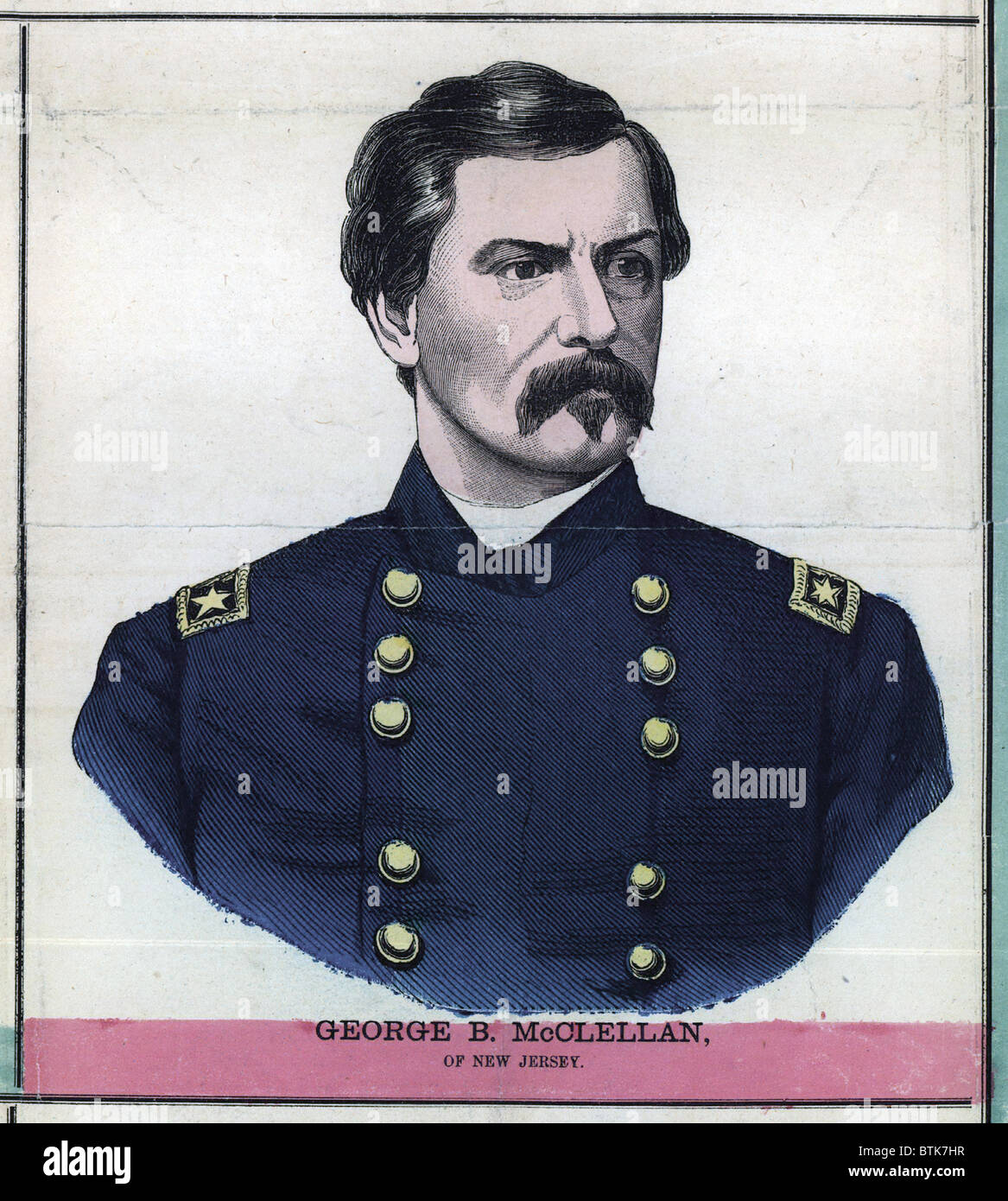 Generale George McClellan B.. Il Maggiore Generale comandare U.S. Esercito di incisione colorata ca. 1862. Foto Stock