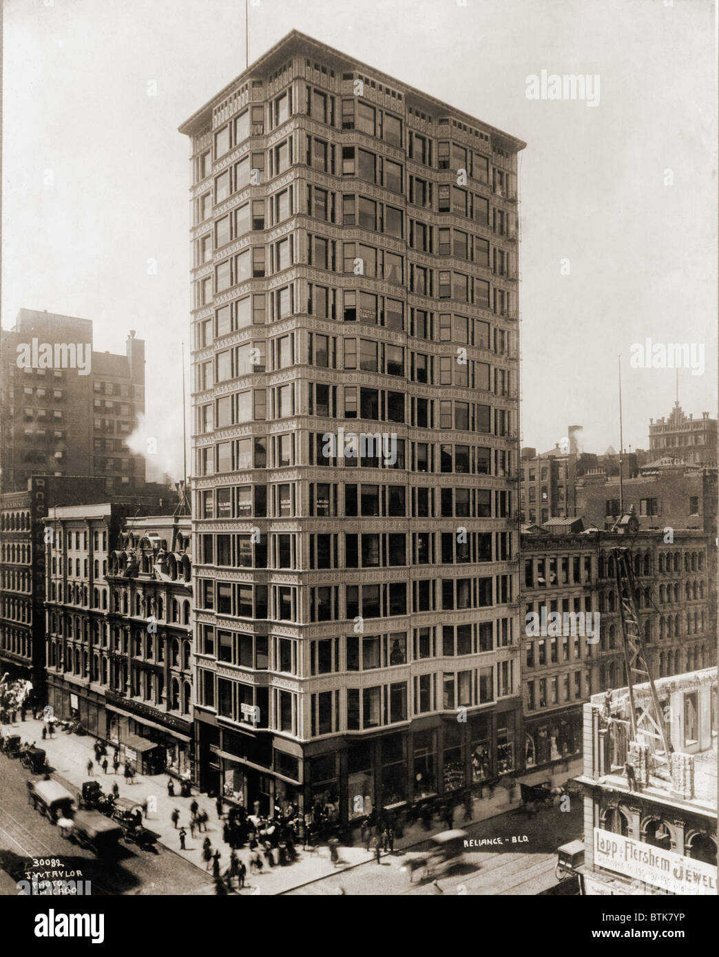 Reliance Building da Daniel Burnham architetto, a Chicago, Illinois, 1890. Della prima scuola di Chicago, anticipato futuro design edilizia, e fu il primo edificio a essere chiamato un grattacielo. Foto Stock