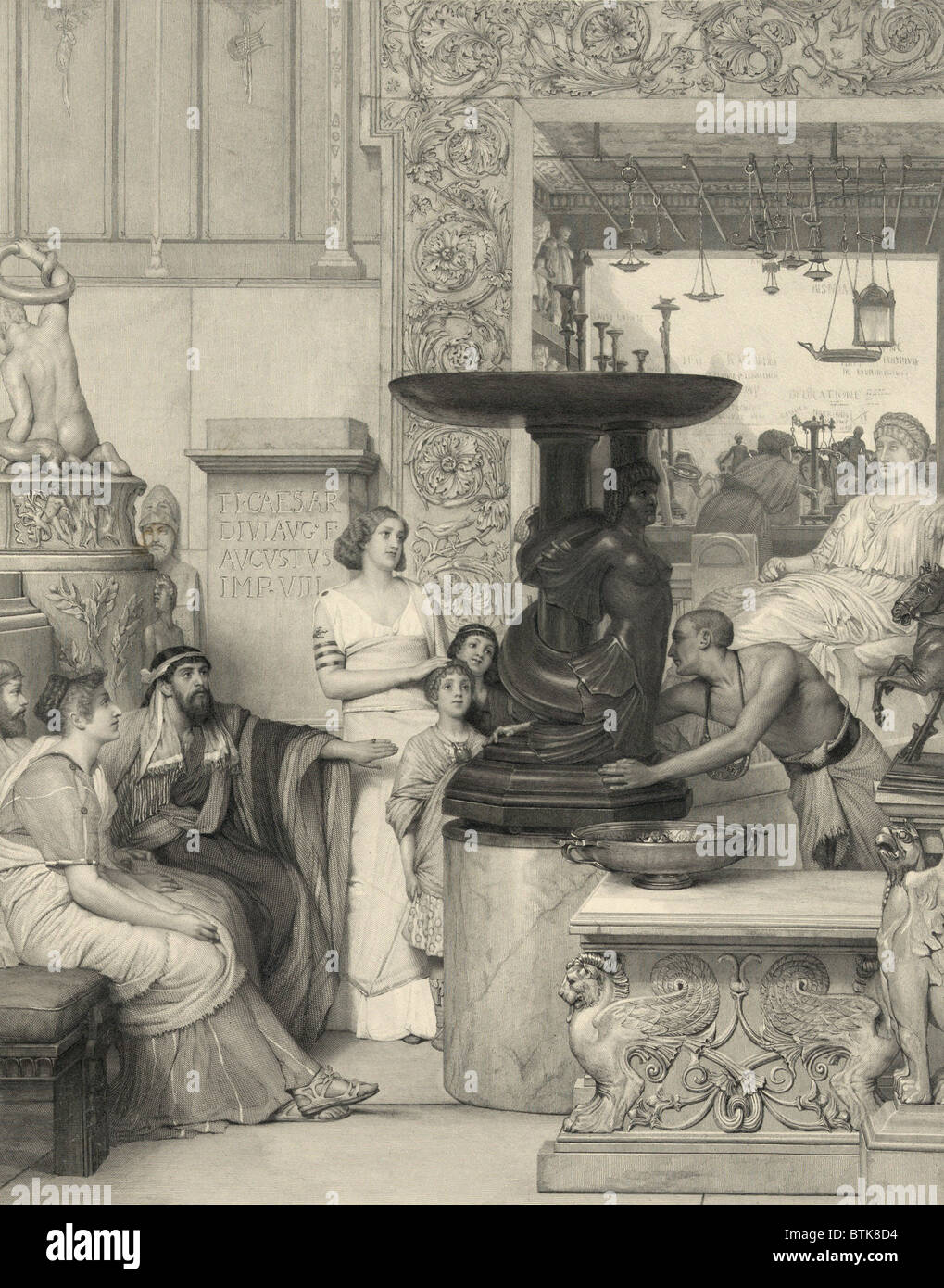Stampa basata su un Lawrence Alma tadema (1836-1912) pittura, mostrando una famiglia romana di uomini, donne e bambini di ammirare una scultura su un piedistallo essendo ruotata di un slave. 1877 incisione di Auguste Blanchard. Foto Stock