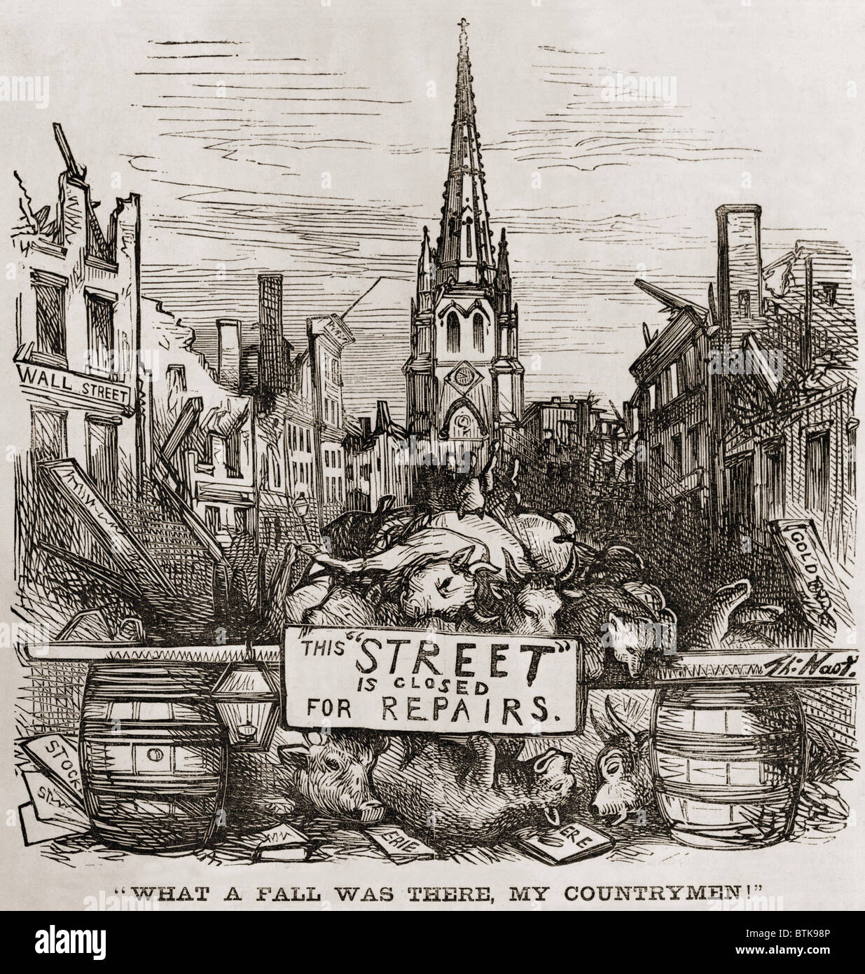 Thomas Nast cartoon di New York City, Wall Street in rovine con tori accatastati dietro un segno di lettura, "Questa strada è chiusa Foto Stock