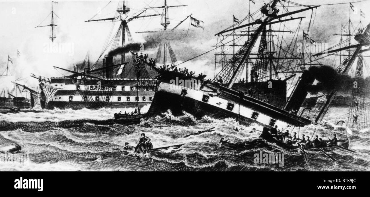 La battaglia di Lissa; l'Italiana nave da guerra 'd'Italia' affondamento  dopo essere stato speronato da guerra austriaca della nave 'Ferdinand Max",  1866 Foto stock - Alamy