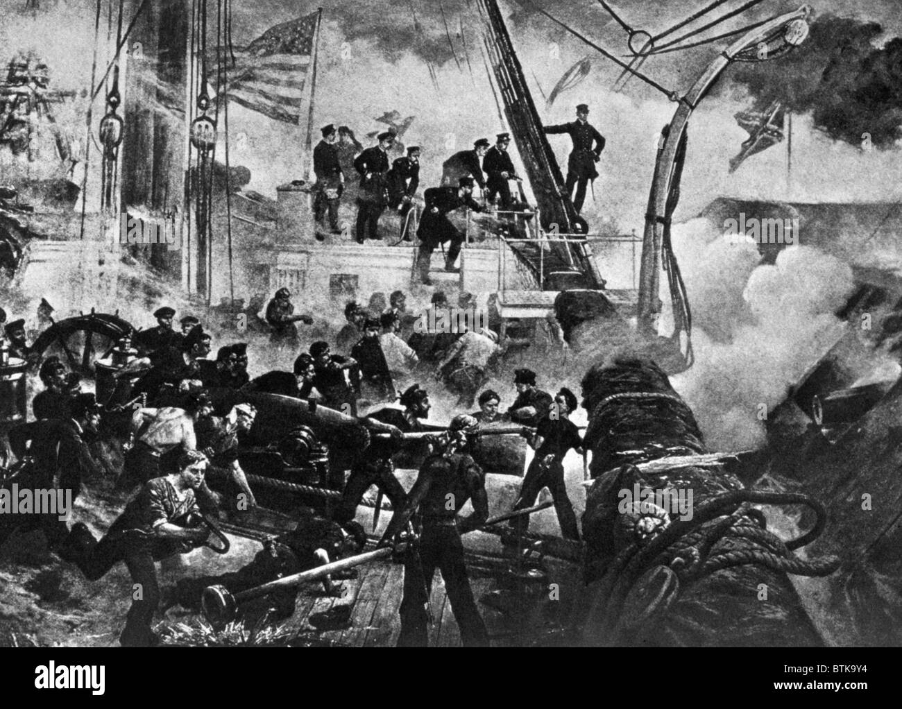 La battaglia di Mobile Bay, Ammiraglio Farragut a bordo della Hartford ordinare 'Accidenti i siluri, piena velocità avanti!", 5 agosto 1864, dal New York Times Foto Stock