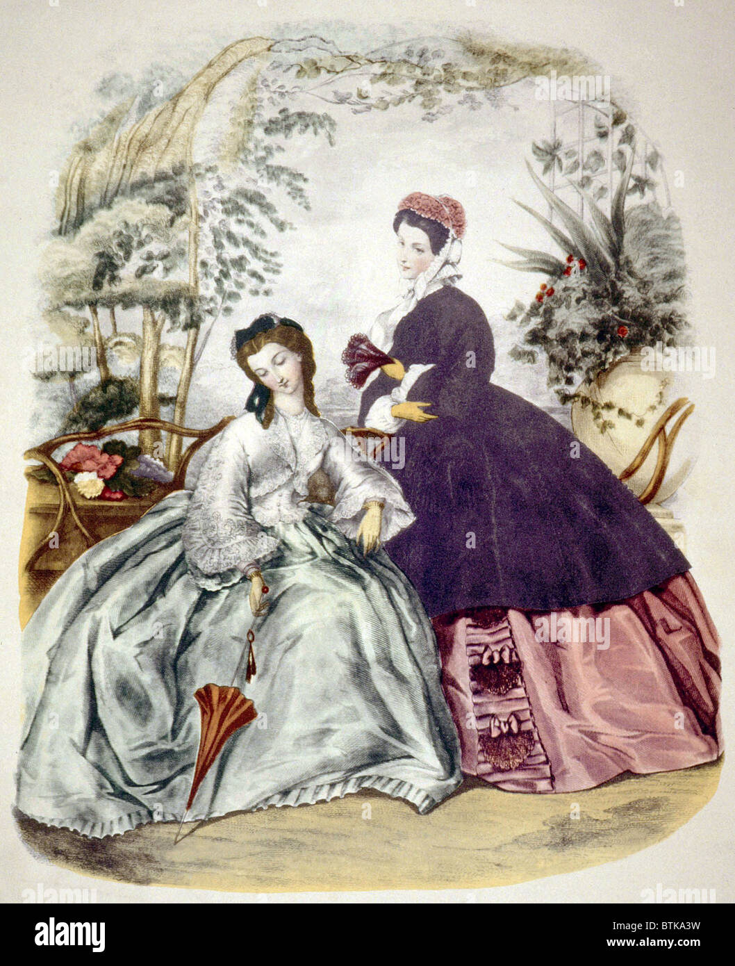 Illustrazione del XIX secolo le mode, nel 1860 circa, da 'La Mode Illustree'. Foto: courtesy Everett Collection Foto Stock