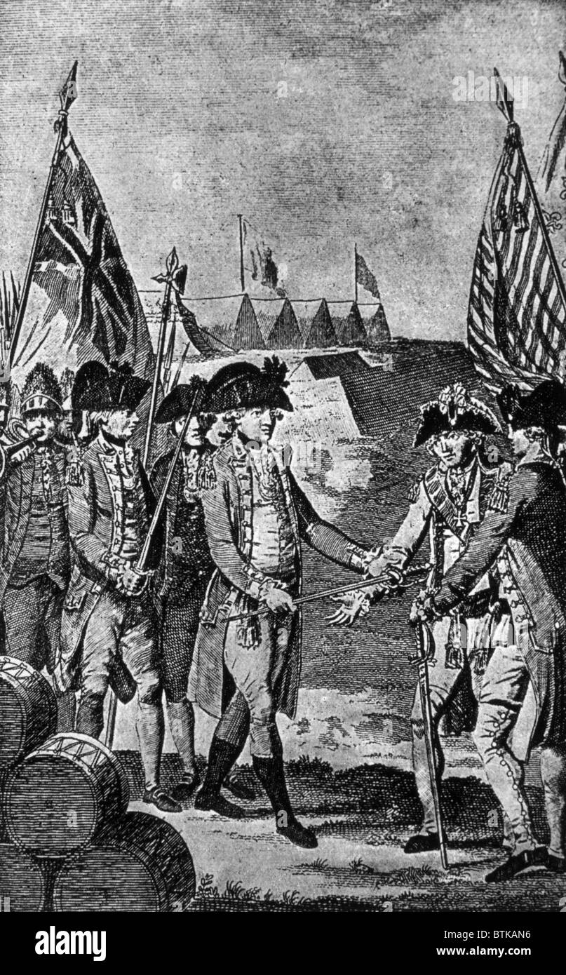 La Battaglia di Yorktown, la consegna del generale Charles Cornwallis, Ottobre 17, 1781, incisione da Barnard "Storia dell'Inghilterra", 1790 Foto Stock