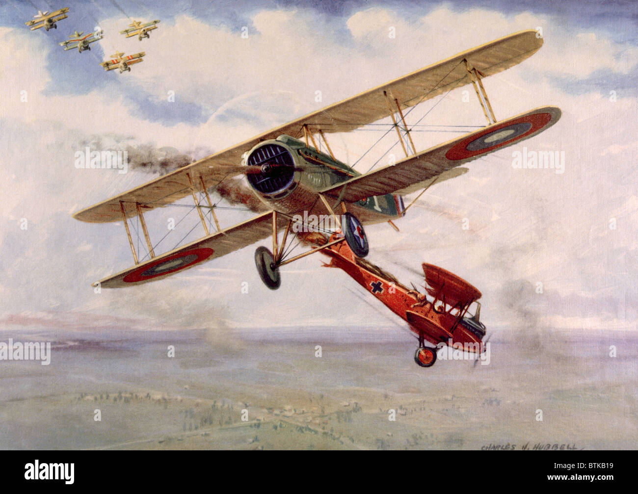 La prima guerra mondiale la battaglia di aria con American Spad 13 pilotato dal capitano Eddie Rickenbacker downing un tedesco L.V.G. biplano, dipinto da Foto Stock