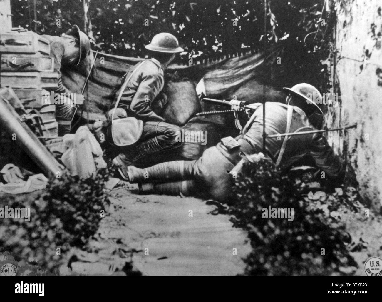 La guerra mondiale i soldati americani del settimo M.G. Battaglione che ha contribuito a arginare la grande offensiva tedesca a Chateau Thierry, 31 maggio-giugno 3, 1918, U.S. Signal Corps fotografia Foto Stock