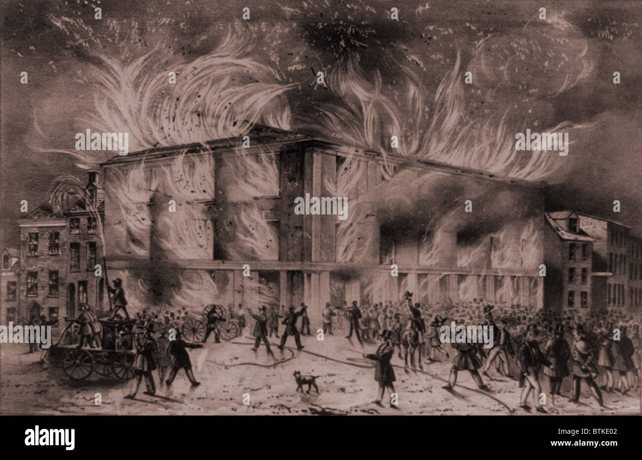 Una folla dato fuoco alla Pennsylvania Hall, il Philadelphia luogo di incontro della soppressione della società e il suffragio femminile gruppi, il 17 maggio 1838. Anti-immigrati abolizionista temevano di dover competere con gli schiavi liberati per i lavori. Foto Stock