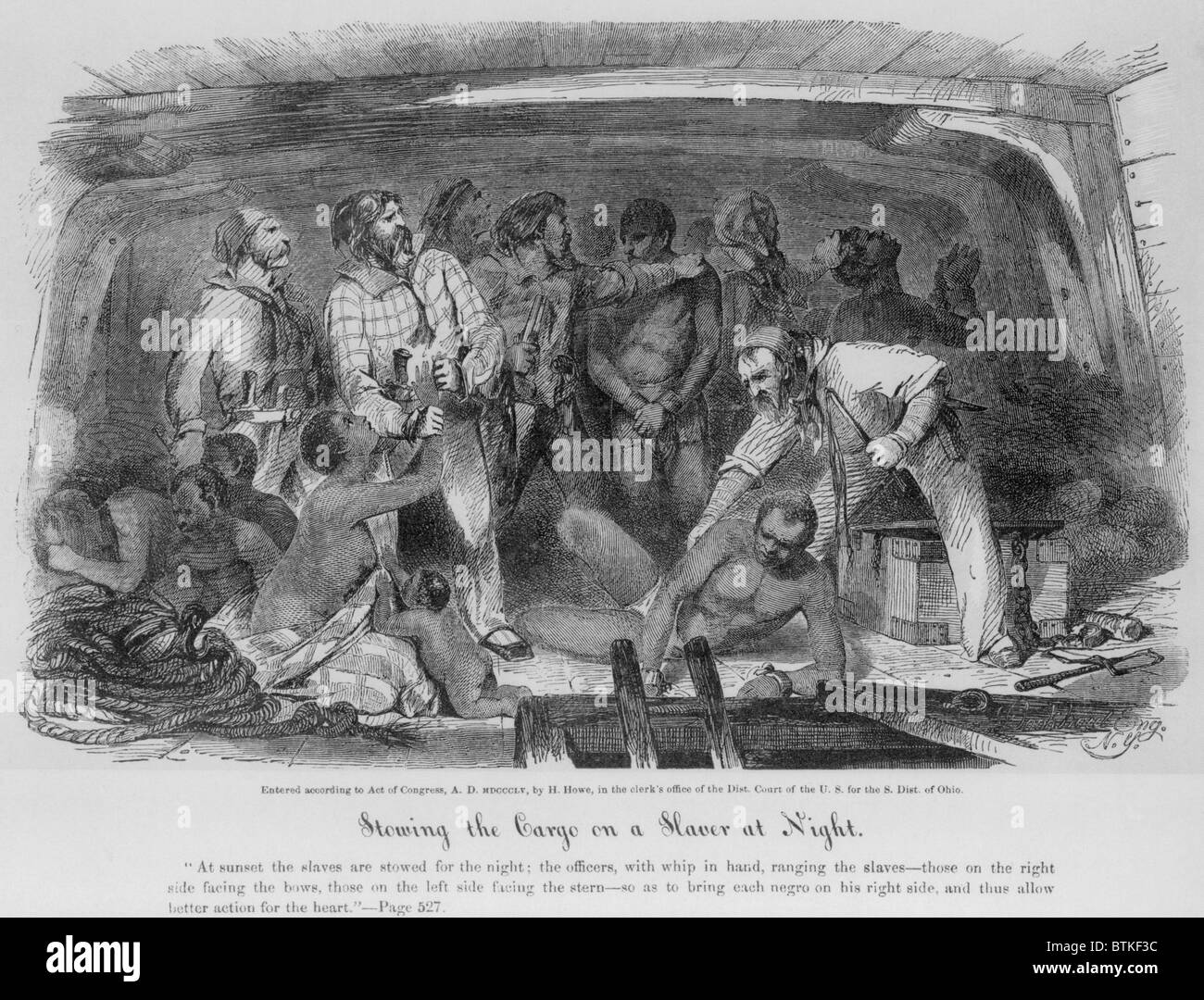 Stivaggio di schiavi africani in una nave di schiavi da historian Henry Howe il libro, la vita e la morte sull'oceano, circa la vita e il lavoro sulle navi oceaniche. 1855. Foto Stock