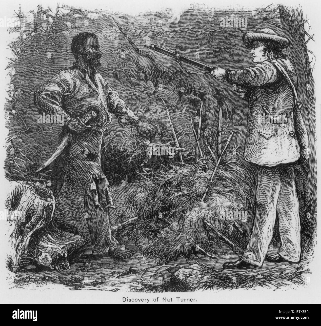 Scoperta di Nat Turner (1800-1831), da Benjamin Phipps il 30 ottobre 1831. Turner ha eluso capturefor due mesi, quando fu scoperto nascondendosi in una grotta. Egli è stato condannato per omicidio il 5 novembre 1831, e impiccati sei giorni più tardi in Gerusalemme, Virginia. Successivamente, in macabra vendetta, sue parti del corpo sono stati tenuti da bianchi come souvenir. Incisione di William Henry Shelton (1840-1890). Foto Stock
