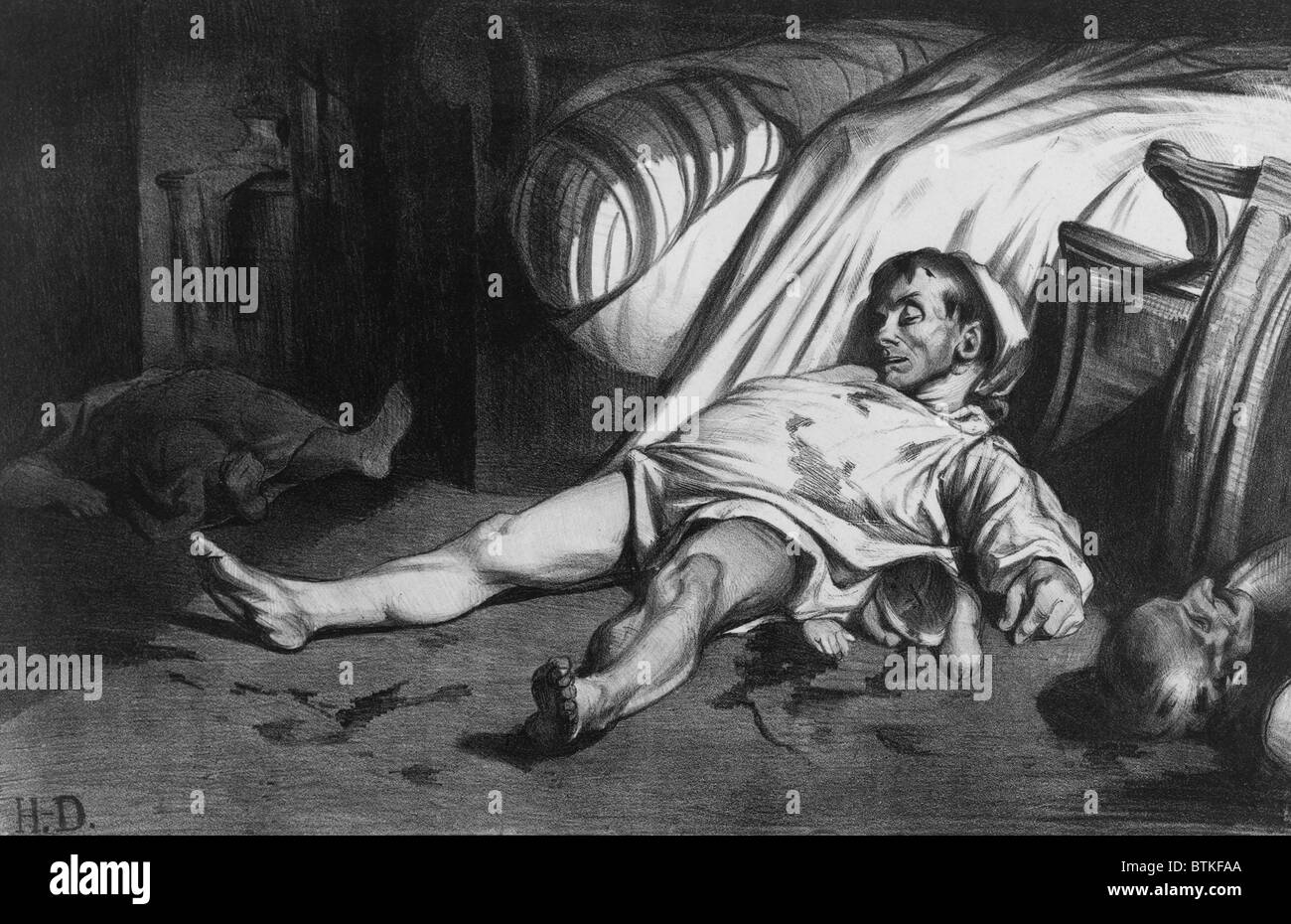 RUE TRANSNONAIN, le 15 avril 1834, una litografia da artista francese Honore Daumier (1808-1879), raffigurante un incidente in cui le truppe del governo, la ricerca di un cecchino, ucciso a molti civili innocenti. Foto Stock