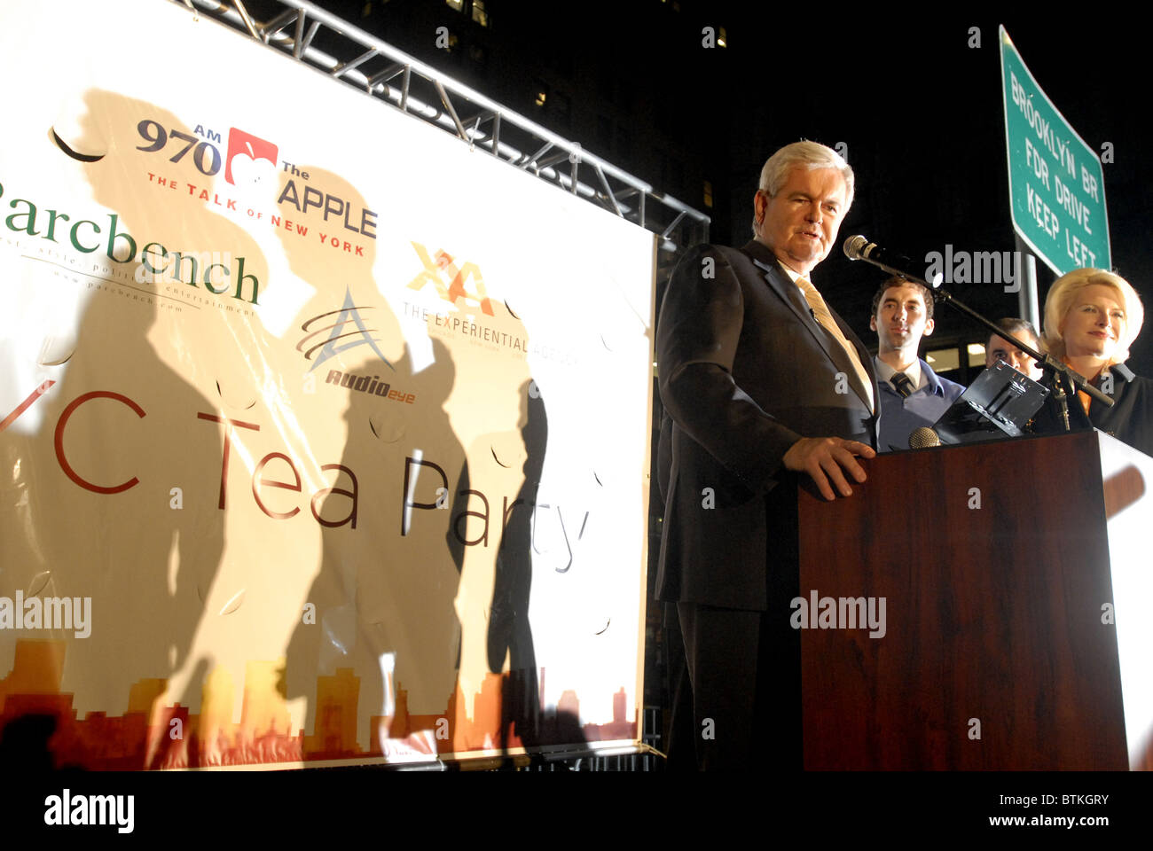 Ex Speaker della casa Newt Gingrich parla con un tax Day Tea Party protesta. Foto Stock