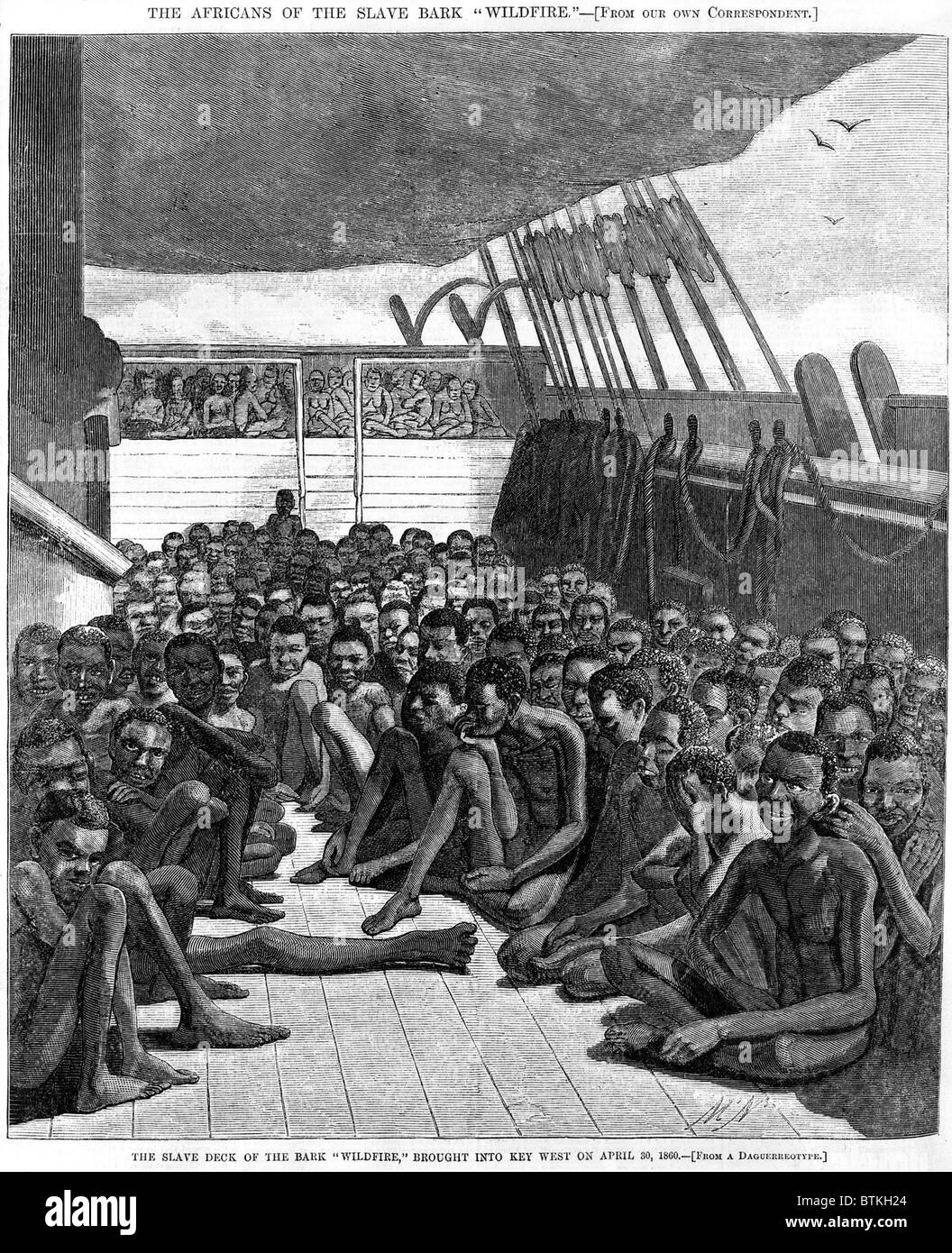 Lo slave ponte della nave "fuochi", catturato il trasporto di schiavi 510 prigionieri, dall Africa ai Caraibi. Importazione di schiavi africani è stata messa fuorilegge negli Stati Uniti, nel 1808, ma alcuni commercio illegale ha continuato. Incisione su legno dopo daguerreotype fatta a Key West il 30 aprile 1860. Foto Stock