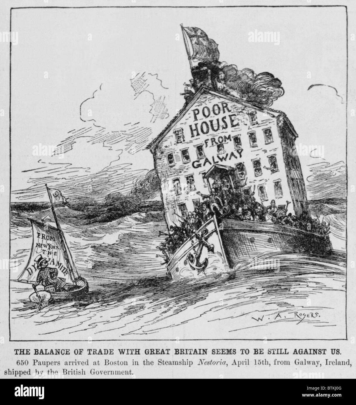 Anti-immigrazione cartoon di 1883 è legendées", il saldo della bilancia commerciale con la Gran Bretagna sembra essere ancora contro di noi--650 paupers arrivati a Boston in battello a vapore Nestoria, Aprile 15th, da Galway, Irlanda, spediti dal governo britannico." da William A. Rogers in Harper's settimanale. Foto Stock