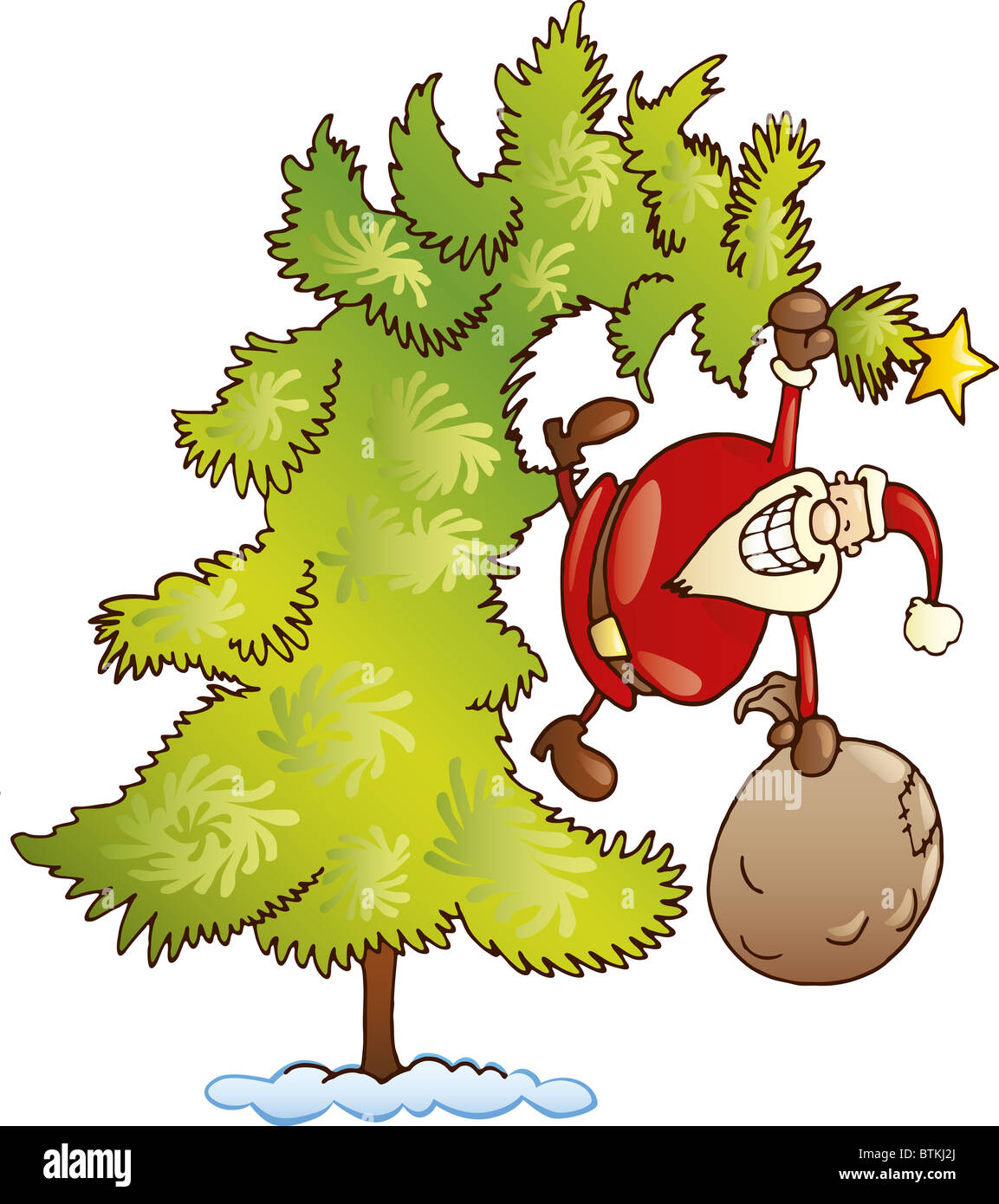 Illustrazione di felice babbo natale con il sacco su albero di natale Foto Stock