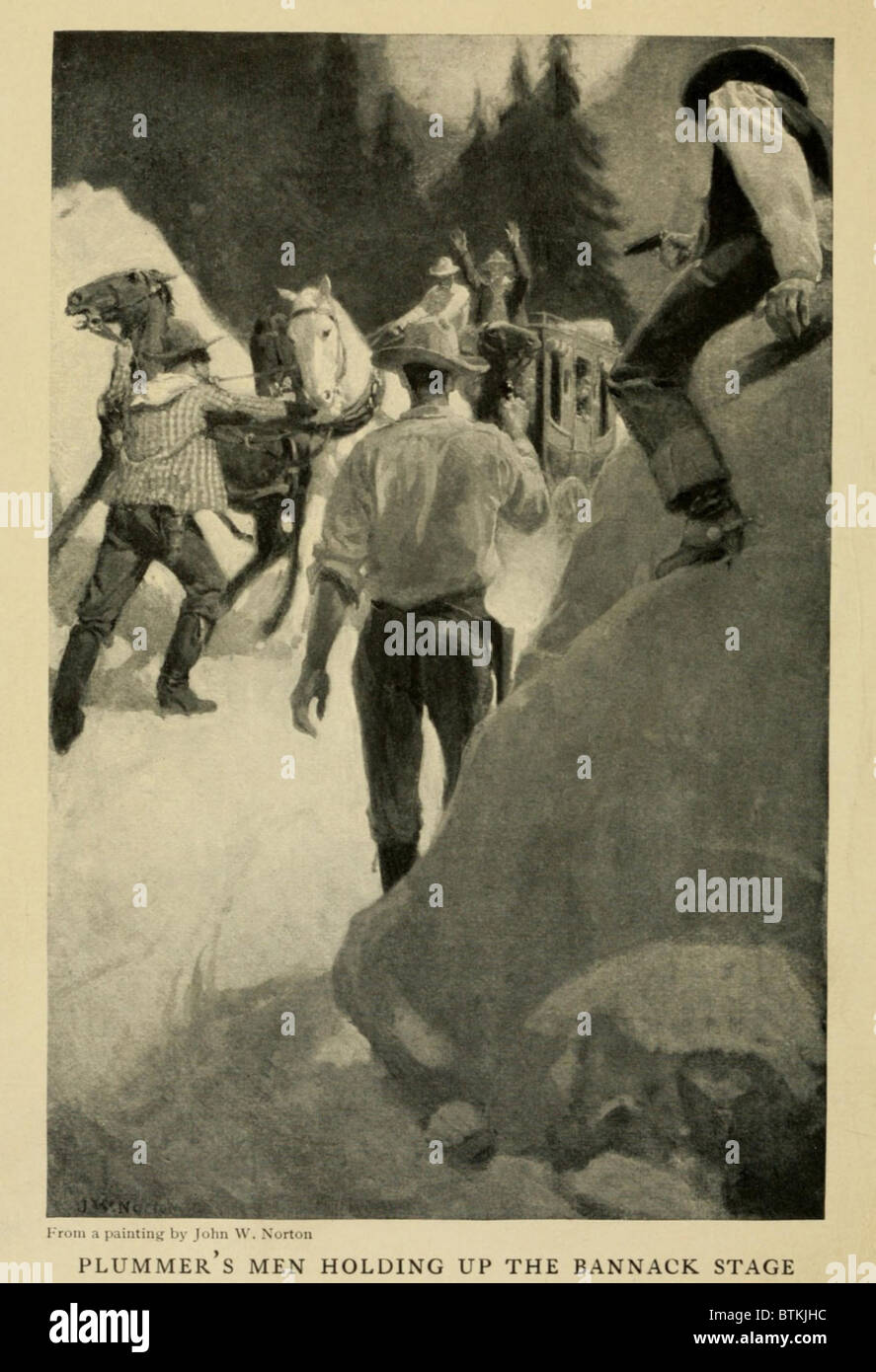 1907 Illustrazione di plummer di uomini che tengono la fase di Bannack. Non vi è ancora il dubbio che Henry Plummer, chi era lo sceriffo di Bannack, Montana, è mai stato coinvolto in questo crimine, ma lui è stato impiccato senza processo mediante il controverso Montana Vigilantes il 10 gennaio 1864. Foto Stock