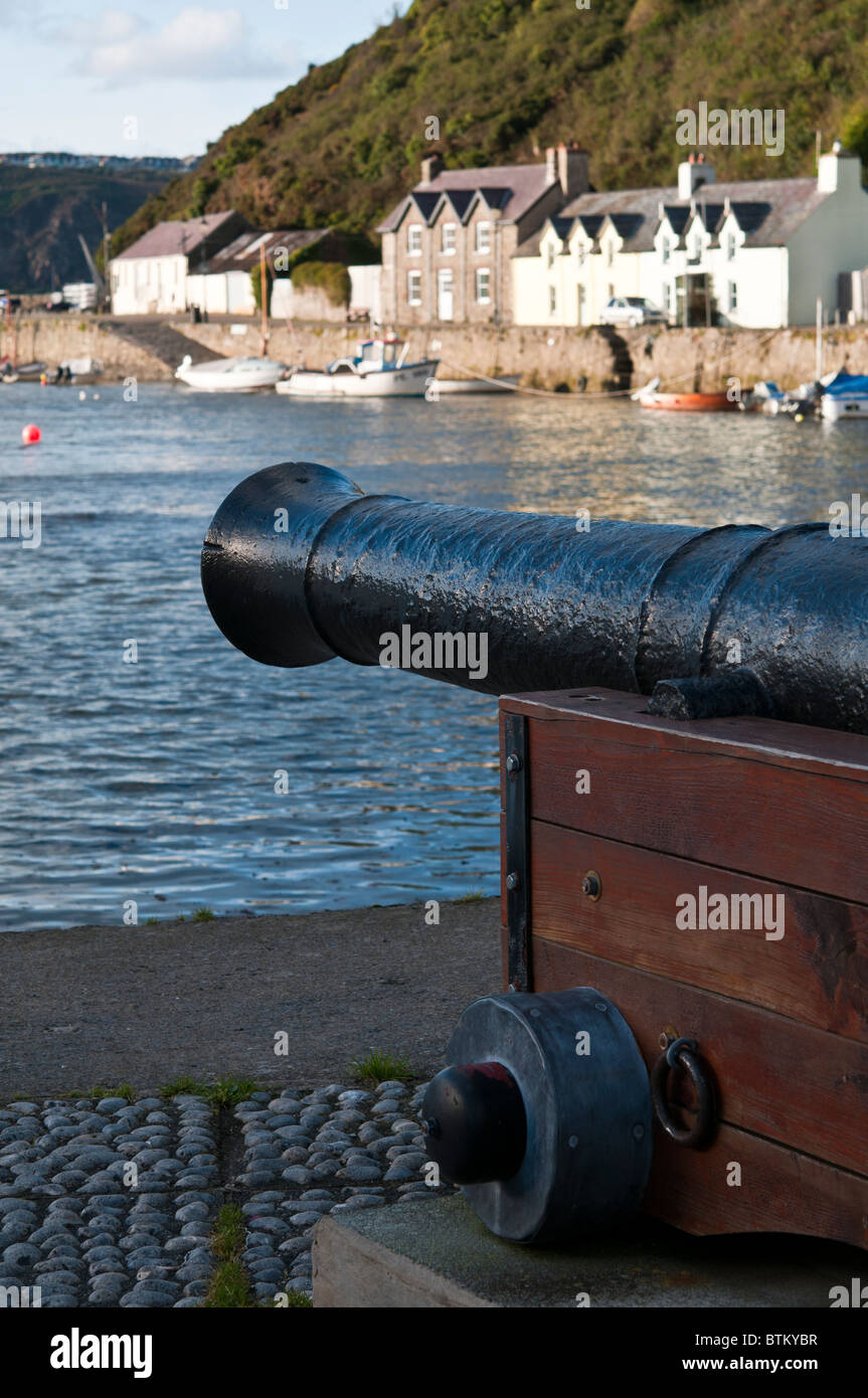Una canon sul porto di Fishguard in Pembrokeshire, Galles, con case di pescatori nella distanza. Foto Stock