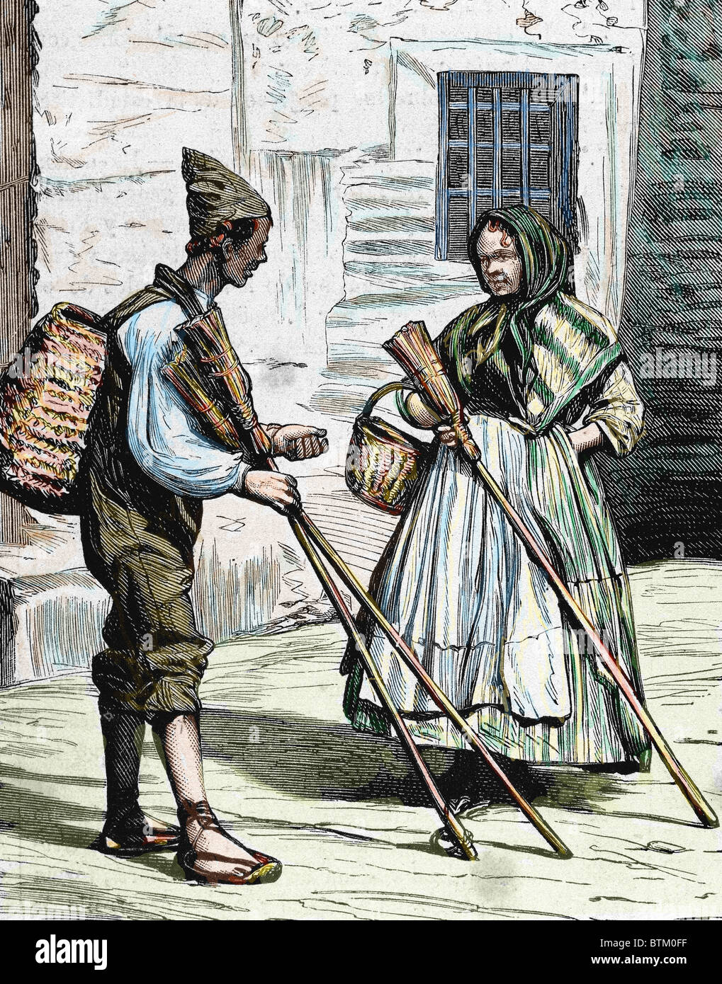 I tipi più diffusi. I venditori di scope. Valencia. Spagna. Incisione colorata in "l'Spagnolo e illustrazione americana" (1872). Foto Stock