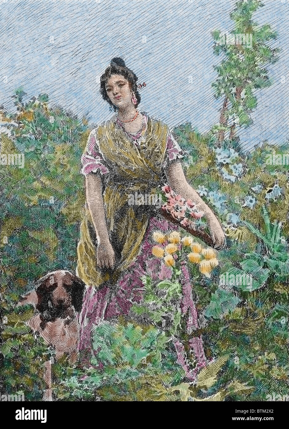 Valencia giardiniere. Incisione di Diéguez, 1867. Colorati. Foto Stock