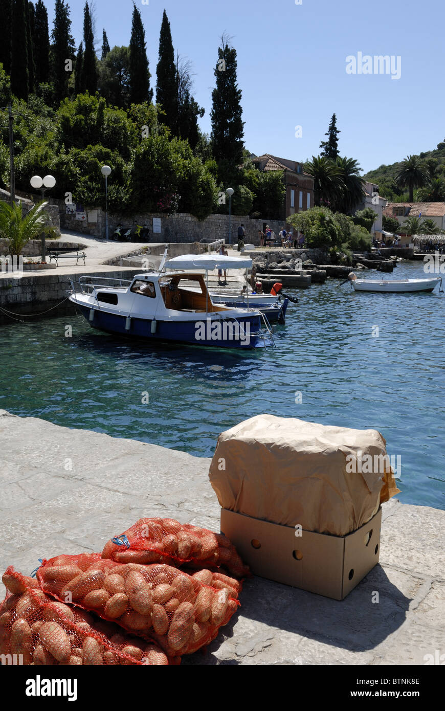 Una bella vista dal molo di Donje Celo Harbour per il villaggio di Donje Celo su Kolocep isola, isole Elafiti. Il Foto Stock