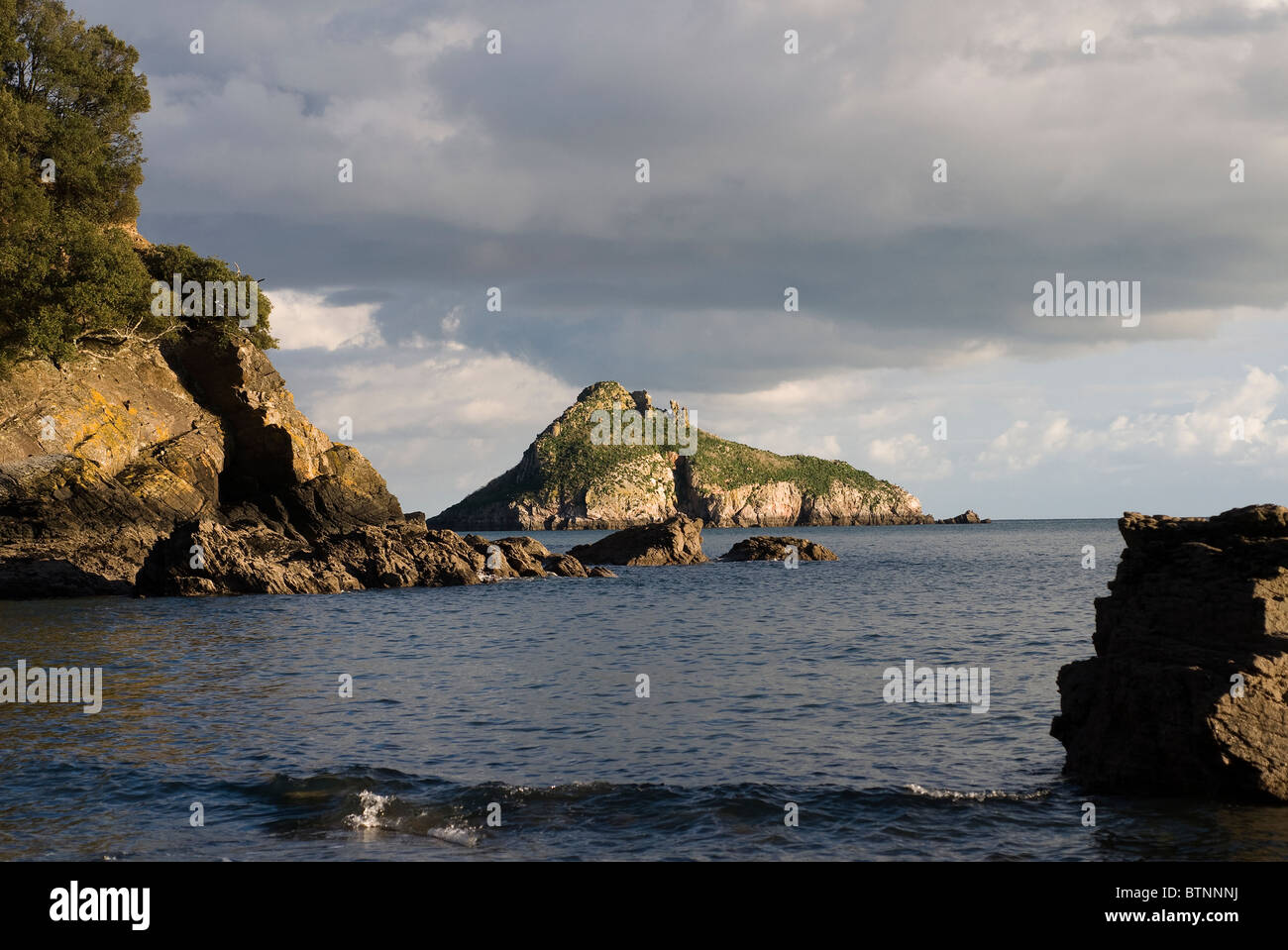 La Thatcher Rock,Torquay, Devon, Inghilterra sudoccidentale, Inghilterra,blu, calma, COSTA, COSTA, granchio, devon, inglese, pesca, isola, p Foto Stock