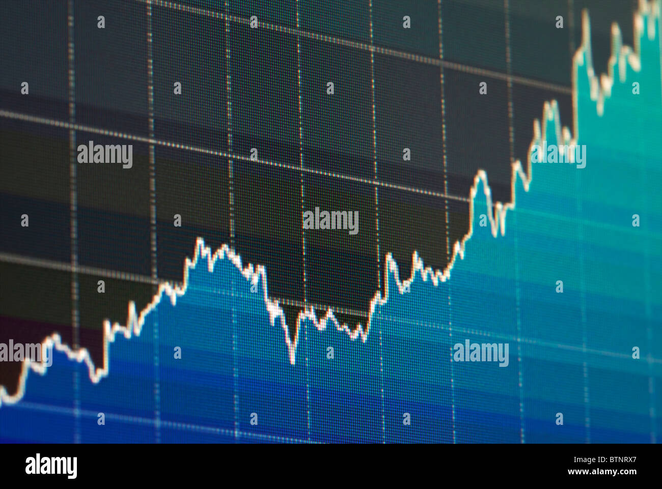 Grafico dei dati finanziari sul monitor di un computer che mostra il crescente valore; profondità di campo Foto Stock