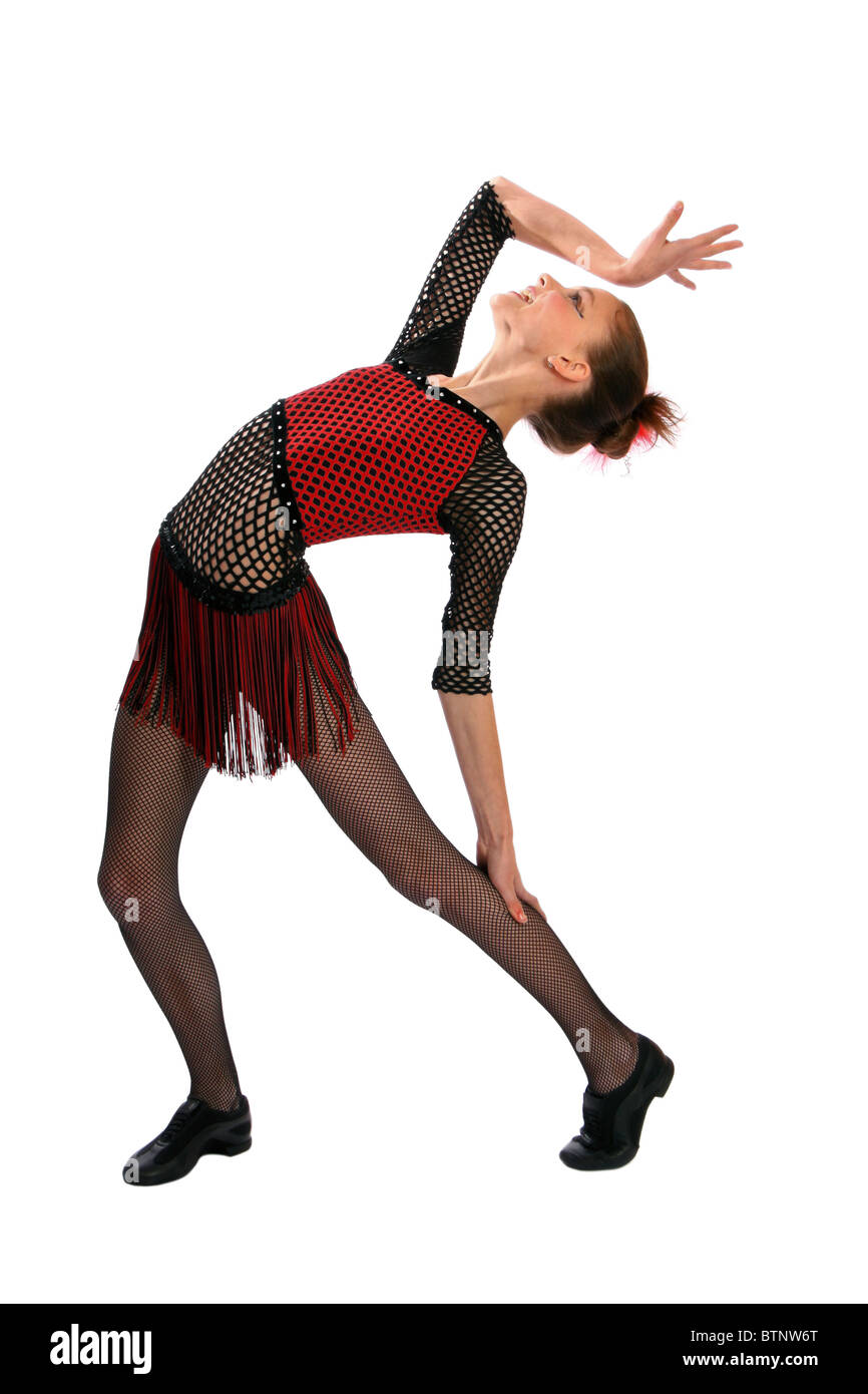 Giovane ballerina in posa di rosso e nero costume da ballo Foto Stock