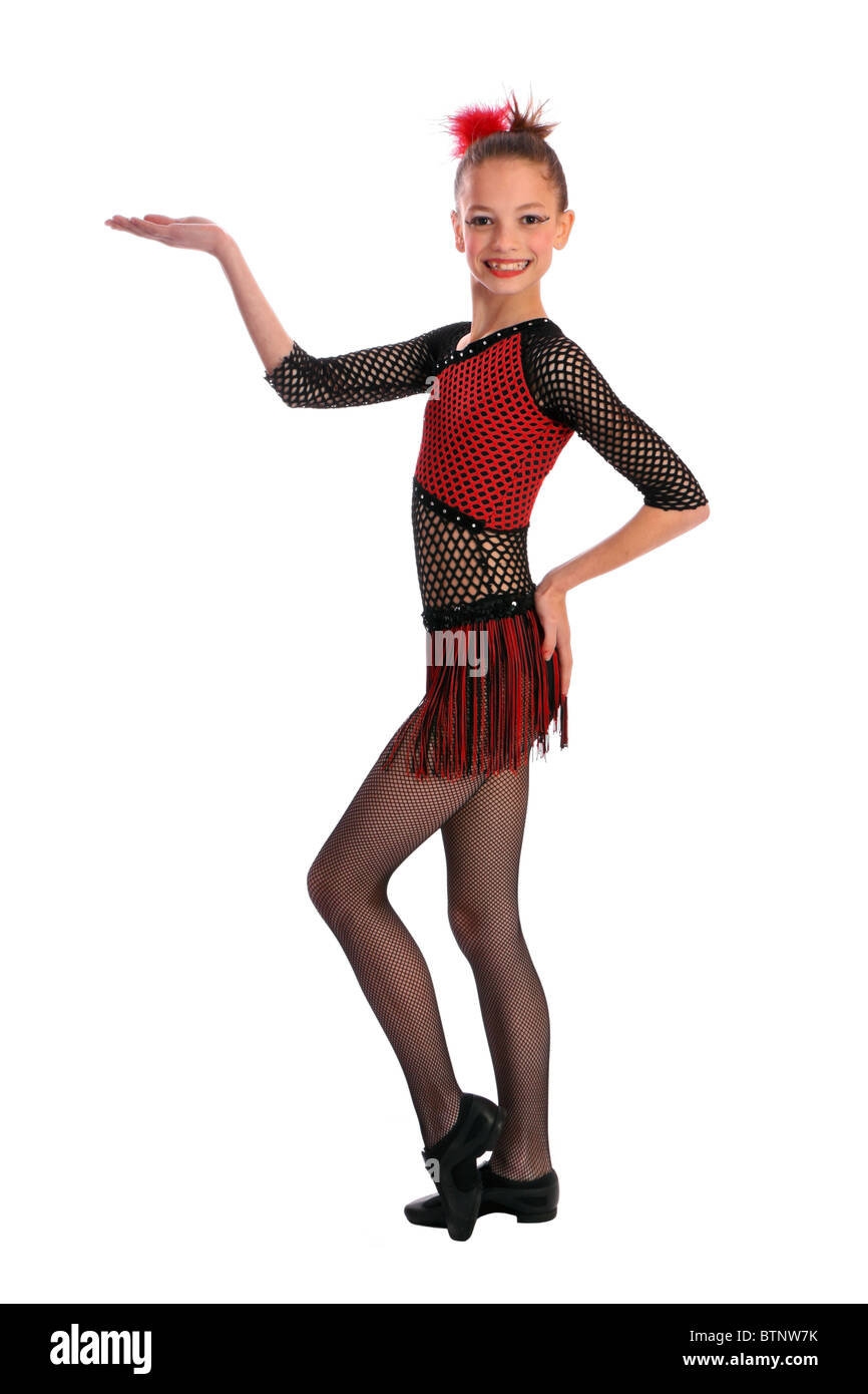 Giovane ballerina in posa di rosso e nero costume da ballo Foto Stock