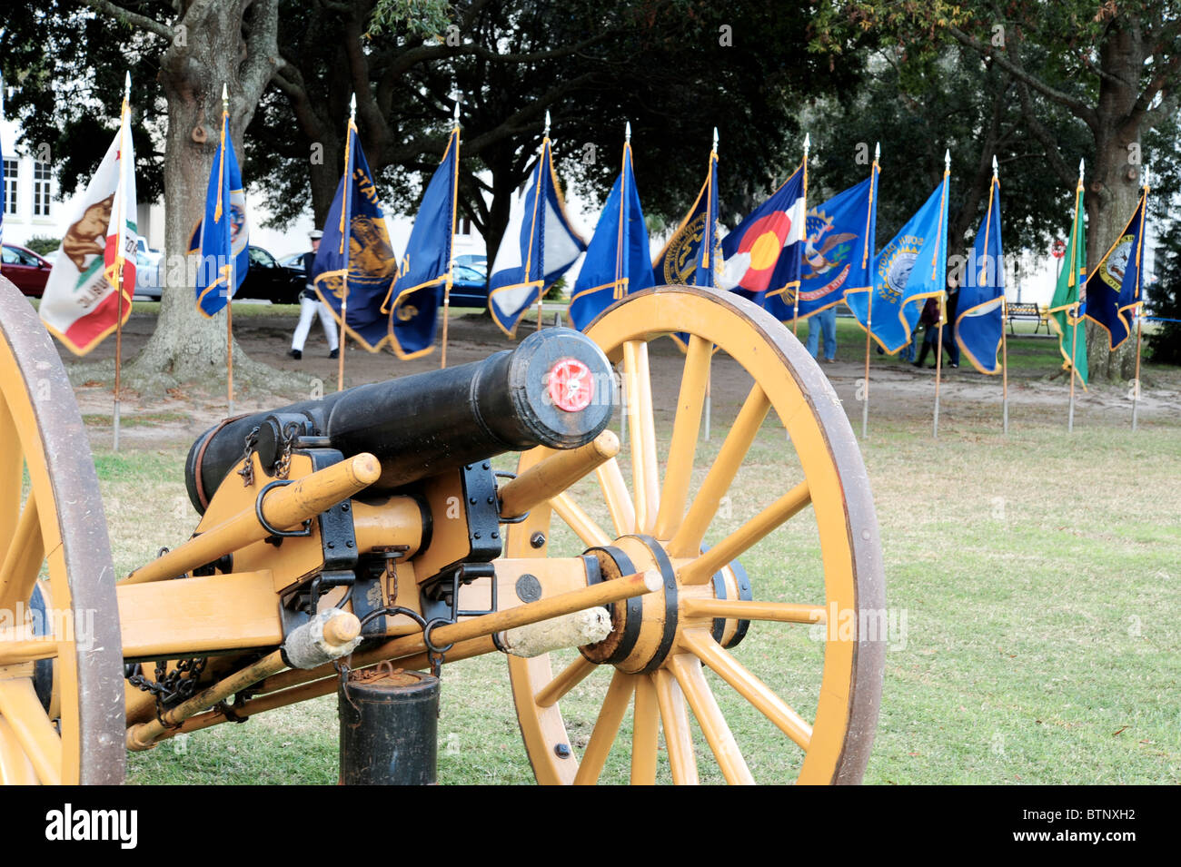 Rosso rigata collegato il cannone di fronte a noi gli indicatori di stato per Homecoming presso la Cittadella Foto Stock