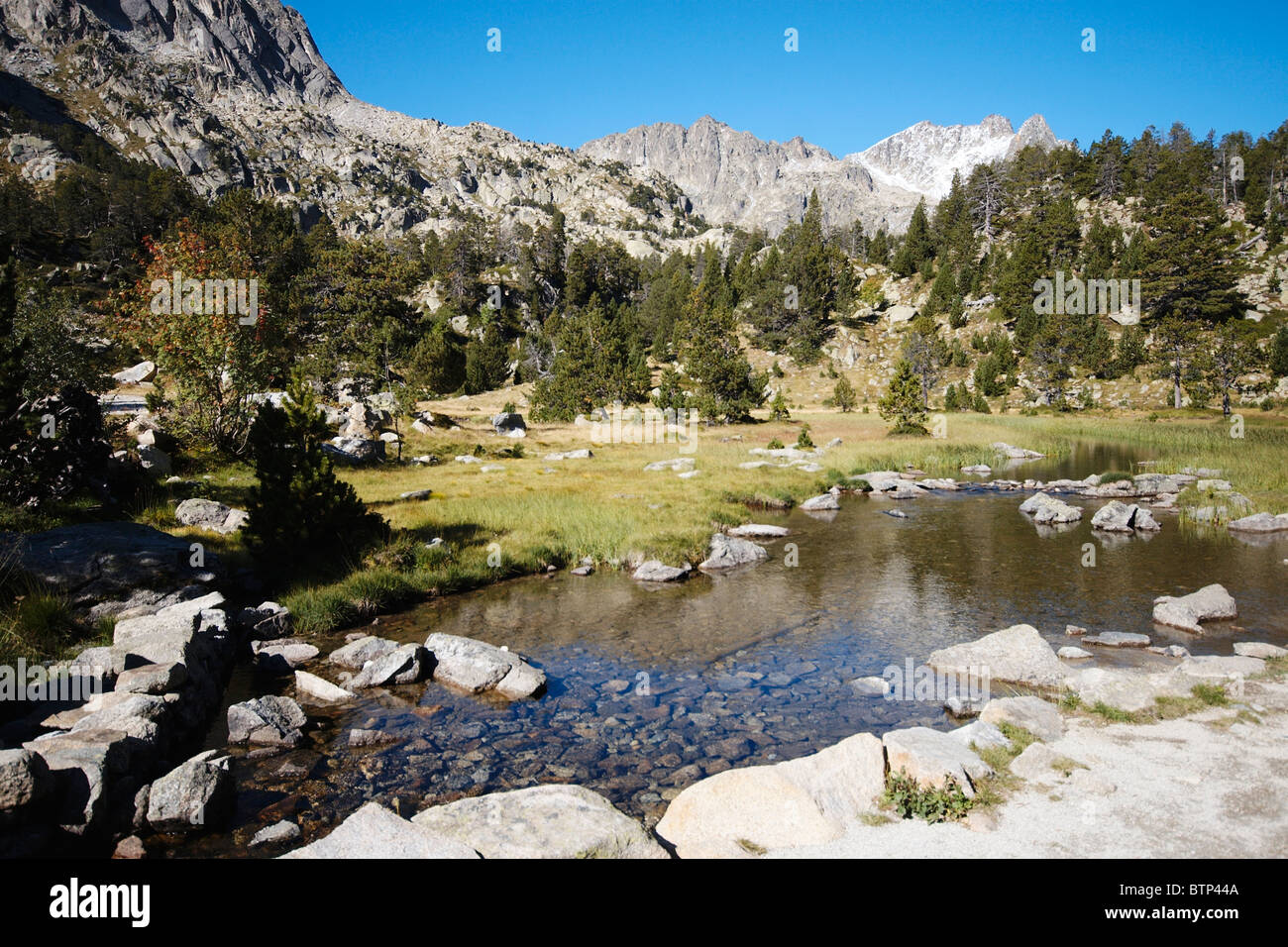 Spagna, Pirenei catalani, Parco di Aiguestortes, paesaggio e il fiume Foto Stock