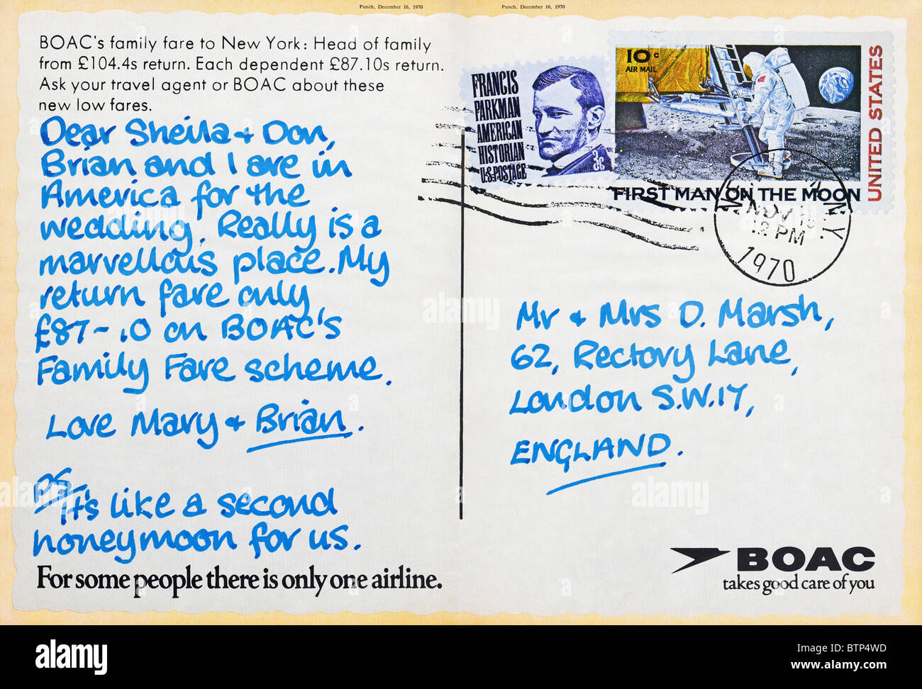 Pubblicità a doppia pagina in stile cartolina per la compagnia aerea BOAC in rivista circa 1970 Foto Stock