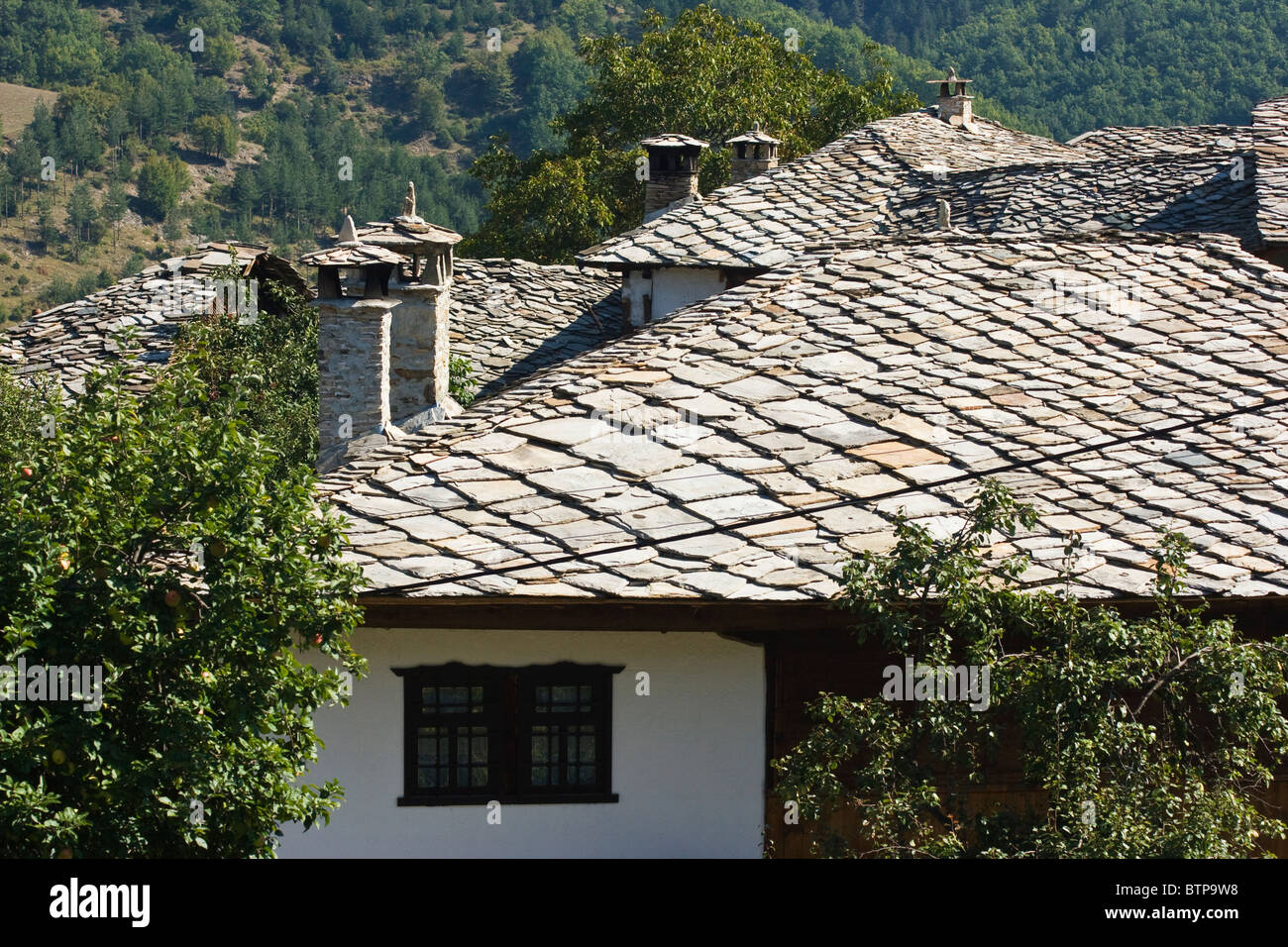 Tetti in pietra nel villaggio di Dolen, conosciuto con l'architettura nazionale punto di riferimento, Gotze Delchev regione, Balcani, Bulgaria Foto Stock