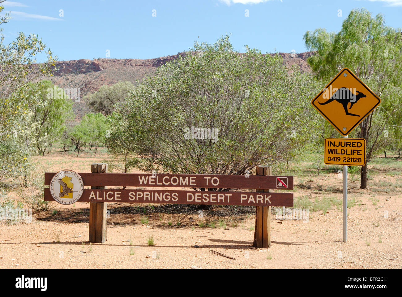 L'Australia, il Parco del Deserto Alice Springs segno di ingresso Foto Stock