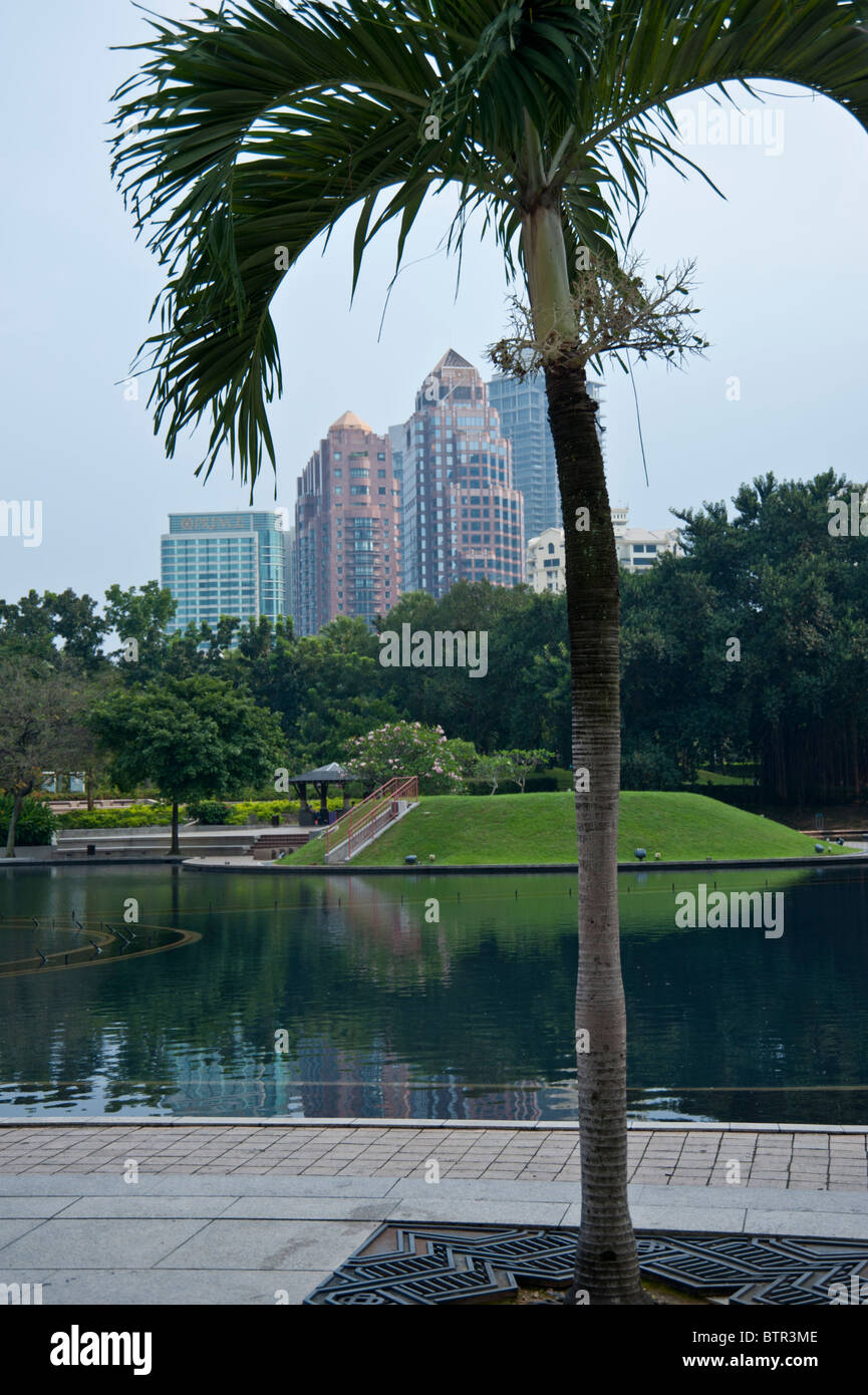 KLCC Park Kuala Lumpur Malaysia mostra alti edifici dietro il lago nel parco incorniciato da un albero di palma. Foto Stock