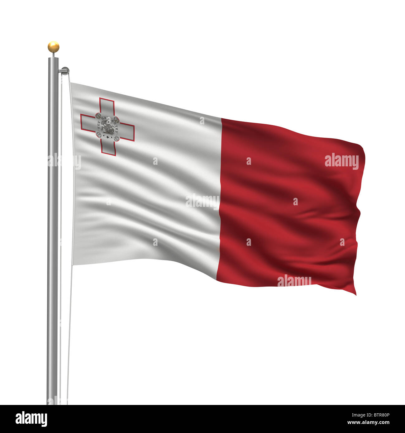 Bandiera di Malta con bandiera pole sventolare nel vento su sfondo bianco Foto Stock