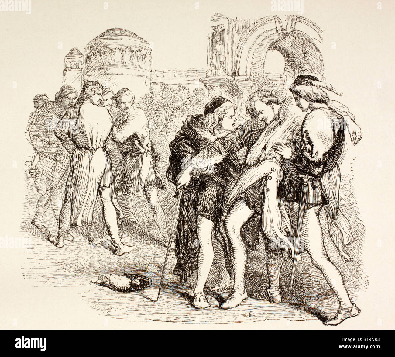 Illustrazione da Romeo e Giulietta di William Shakespeare. Tybalt è ferito a morte da Romeo. Foto Stock