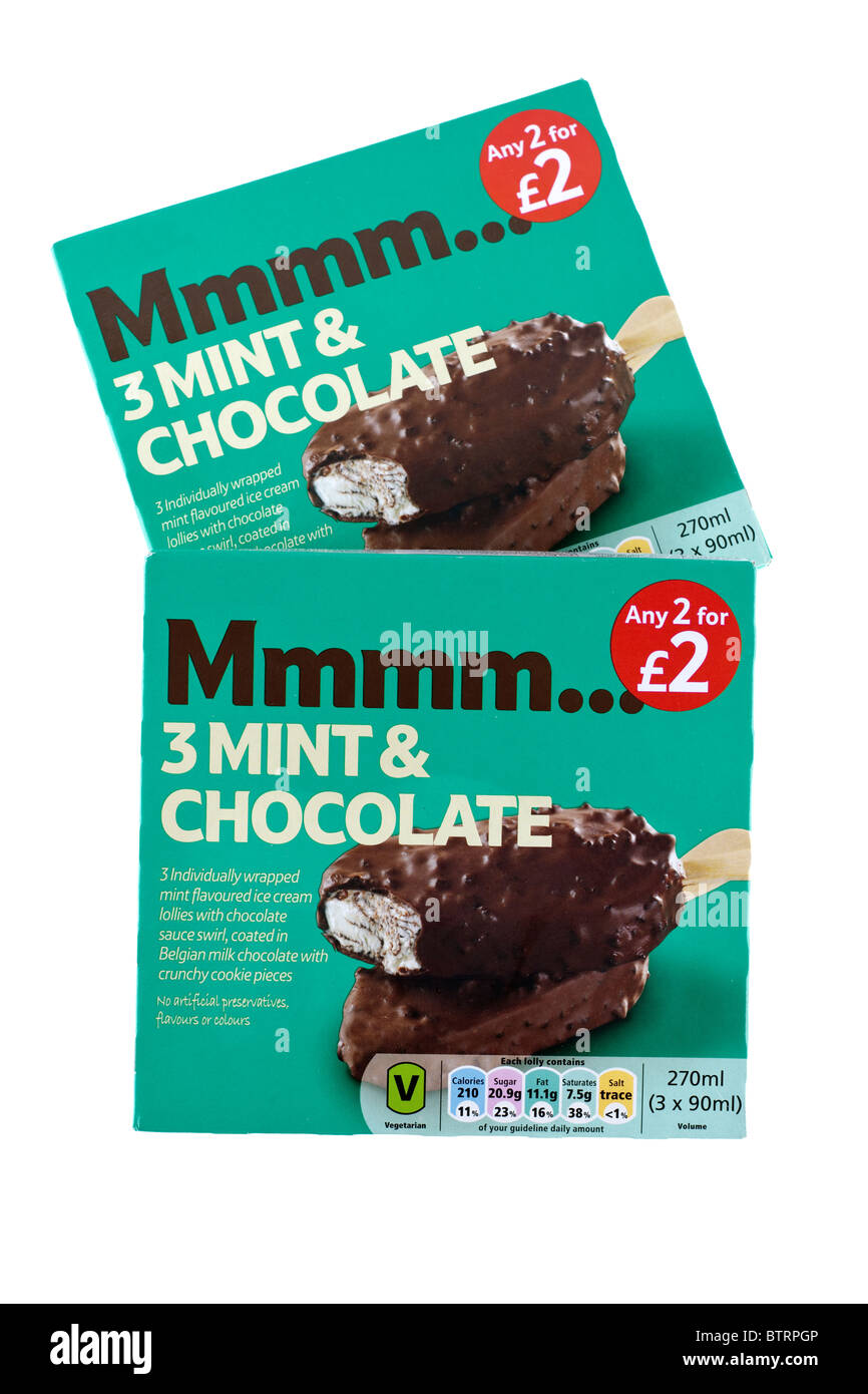 Due scatole di 3 confezionate singolarmente menta ricoperta di cioccolato gelato lollies in offerta a 2 per due libbre Foto Stock