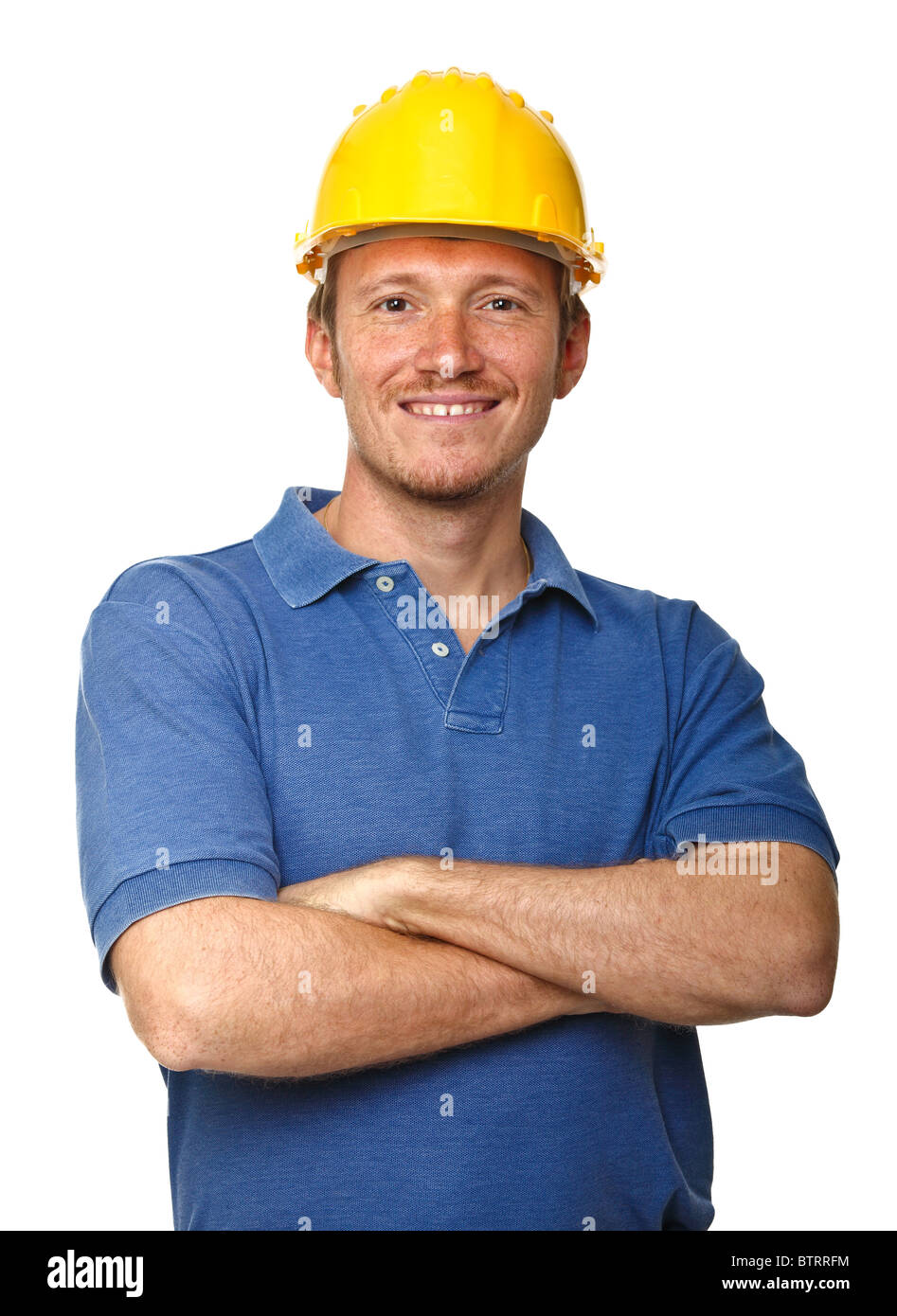 Sorridente e fiducioso lavoratore manuale ritratto isolato su sfondo bianco Foto Stock