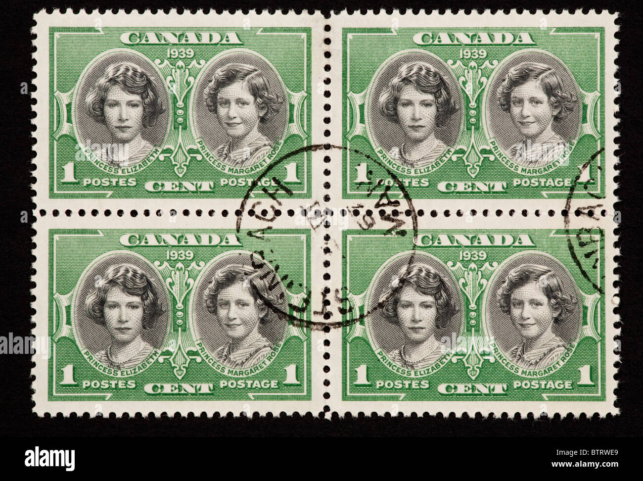 Francobolli dal Canada raffiguranti le principesse Margaret Rose e Elizabeth (più tardi la Regina Elisabetta II). Foto Stock
