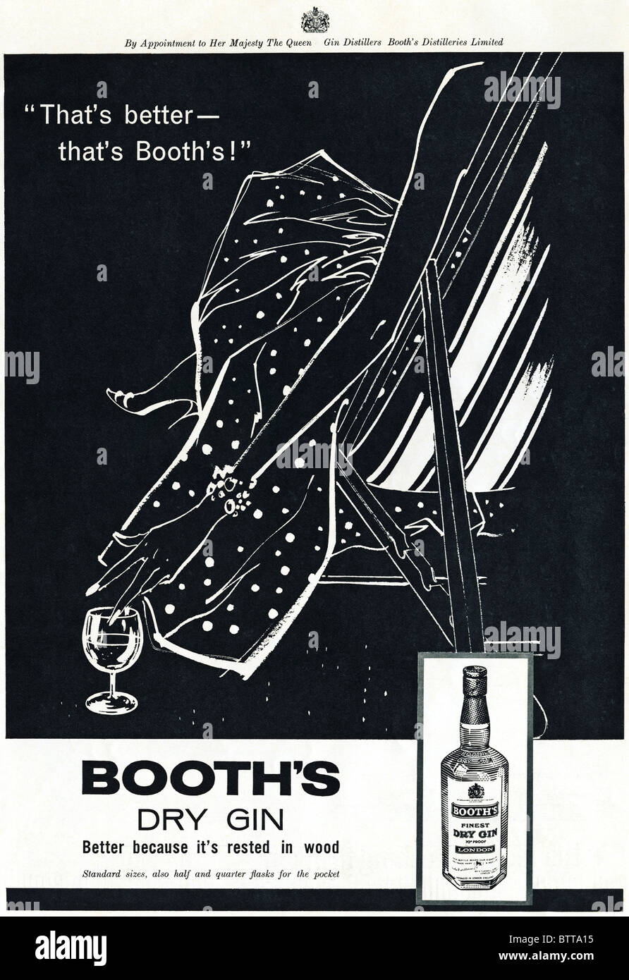 Pagina piena annuncio nella rivista inglese circa 1960 per Booth's dry Gin Foto Stock