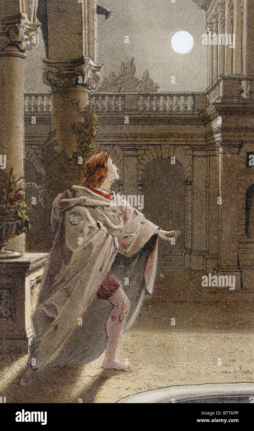 Romeo parla in Romeo e Giulietta atto II, scena II di William Shakespeare. "Ma, morbidi! Che cosa la luce attraverso yonder finestra si rompe?". Foto Stock